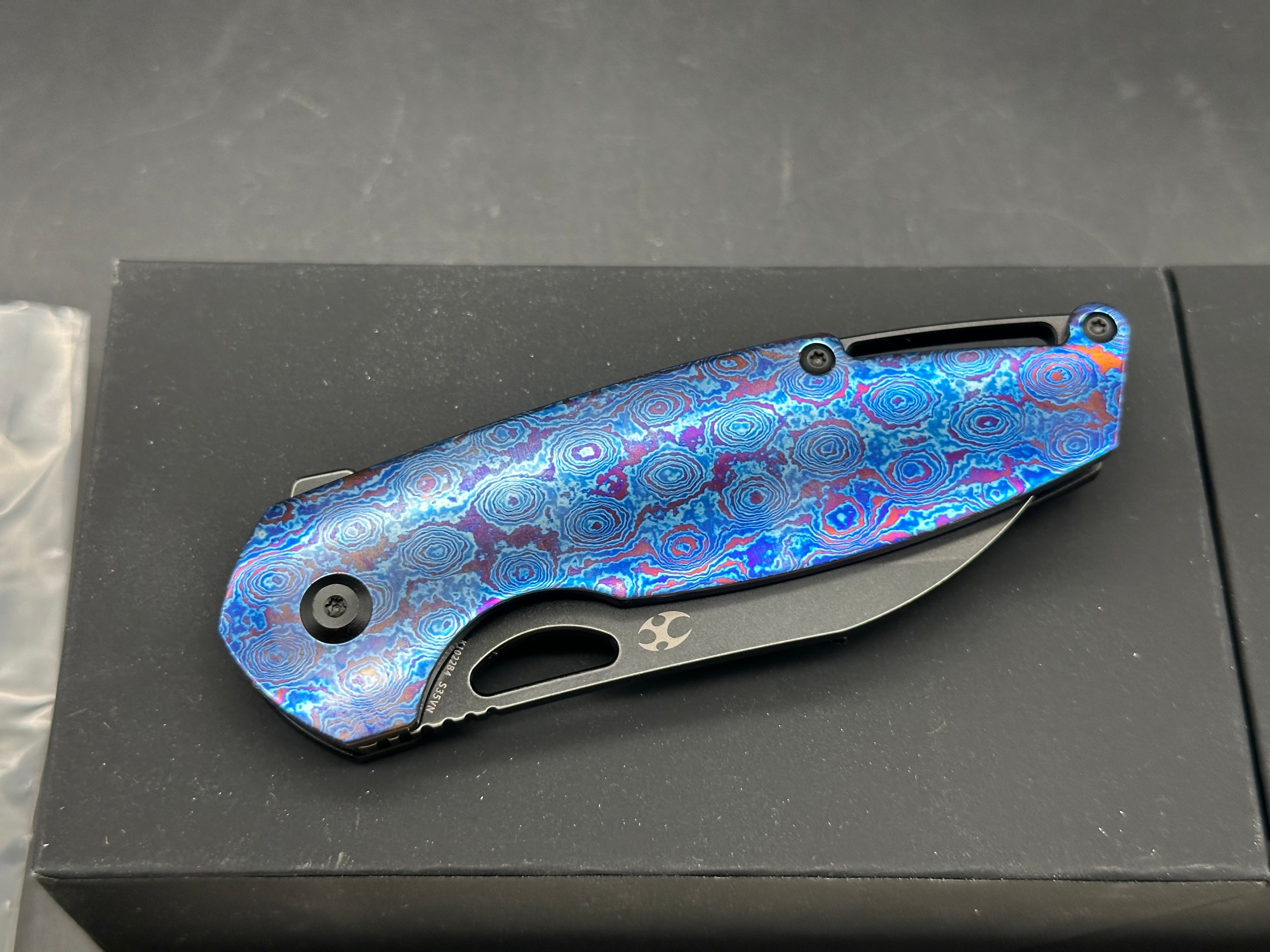 Kansept Model 6: Nick Swan design. 3.1 inch stonewashed, flat grind, black anodized CPM-S35VN sheepsfoot blade