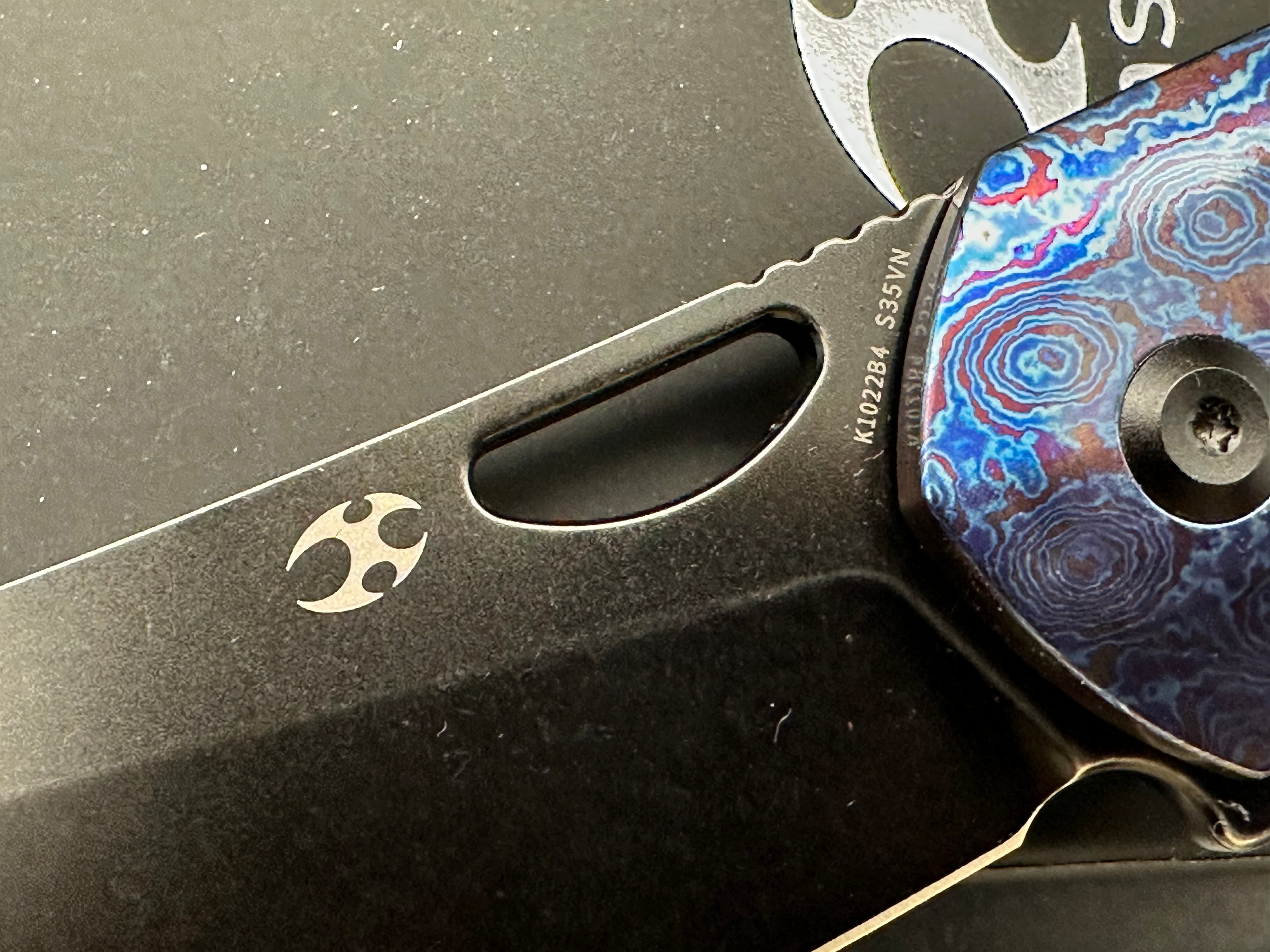 Kansept Model 6: Nick Swan design. 3.1 inch stonewashed, flat grind, black anodized CPM-S35VN sheepsfoot blade