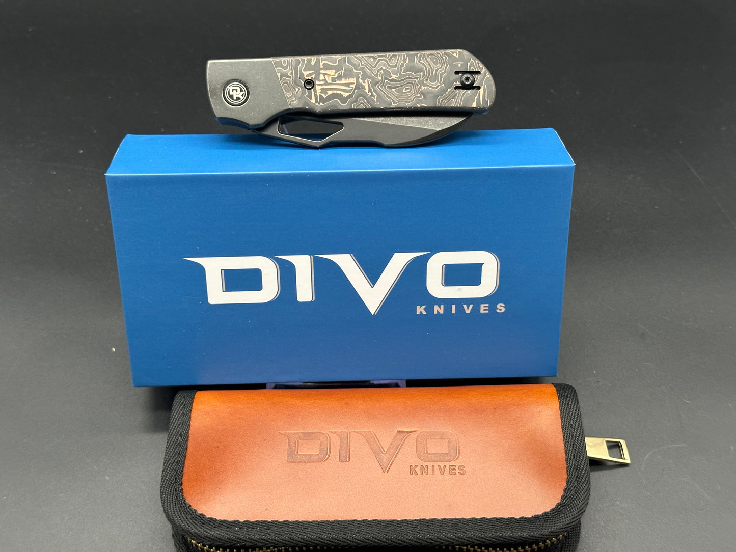 Divo Knives Stout Copper/CF scales titanium frame w/20CV blade & timascus back spacer