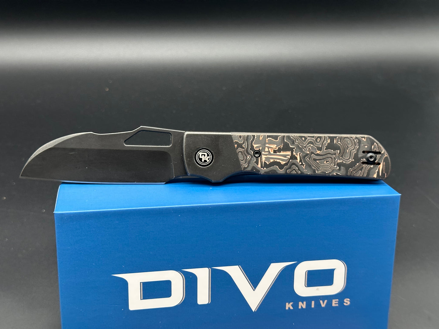 Divo Knives Stout Copper/CF scales titanium frame w/20CV blade & timascus back spacer