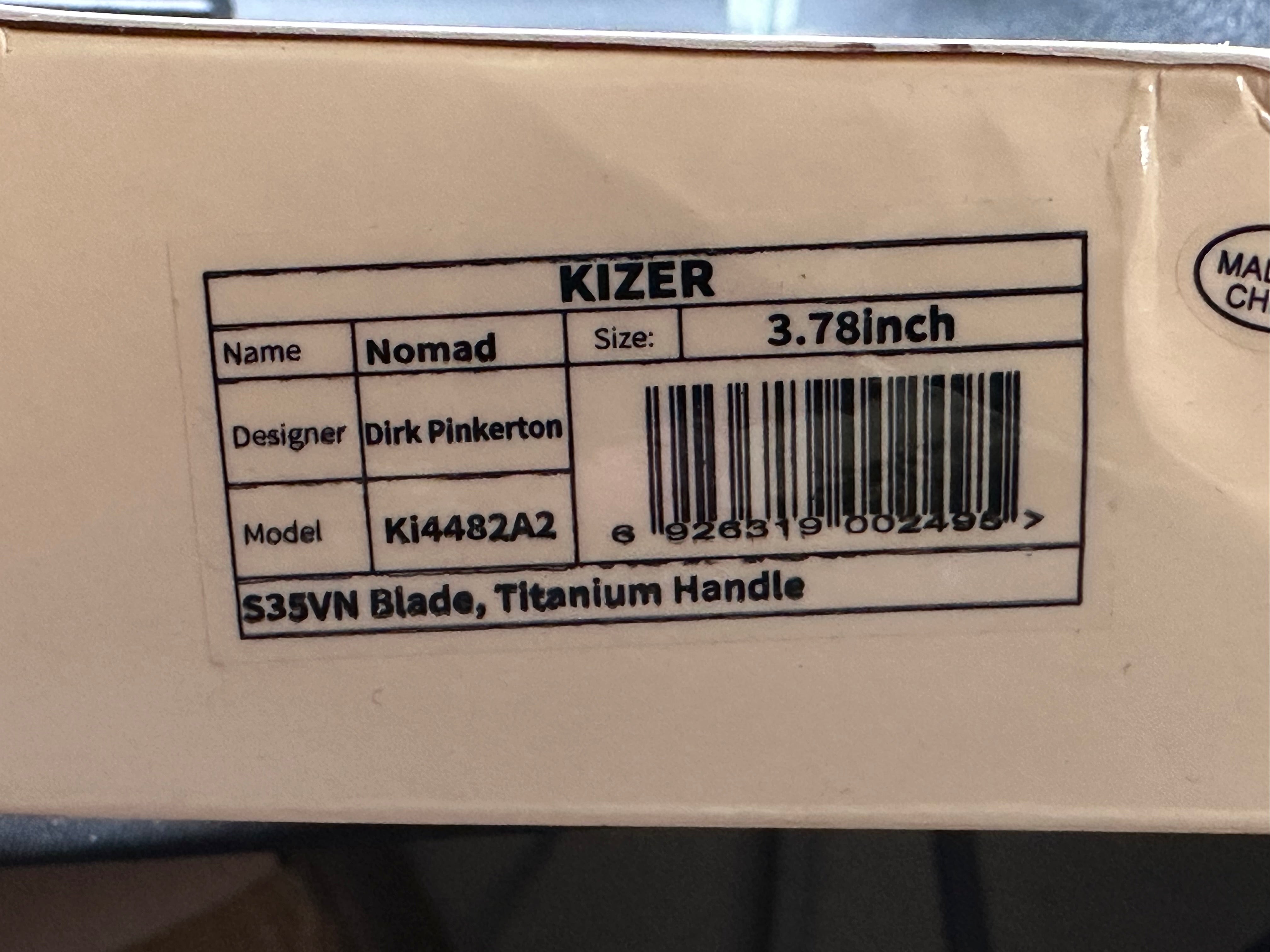 Kizer Nomad Dirk Pinkerton design 3.75 trailing point, flat grind, satin CPM-S35VN upswept blade
