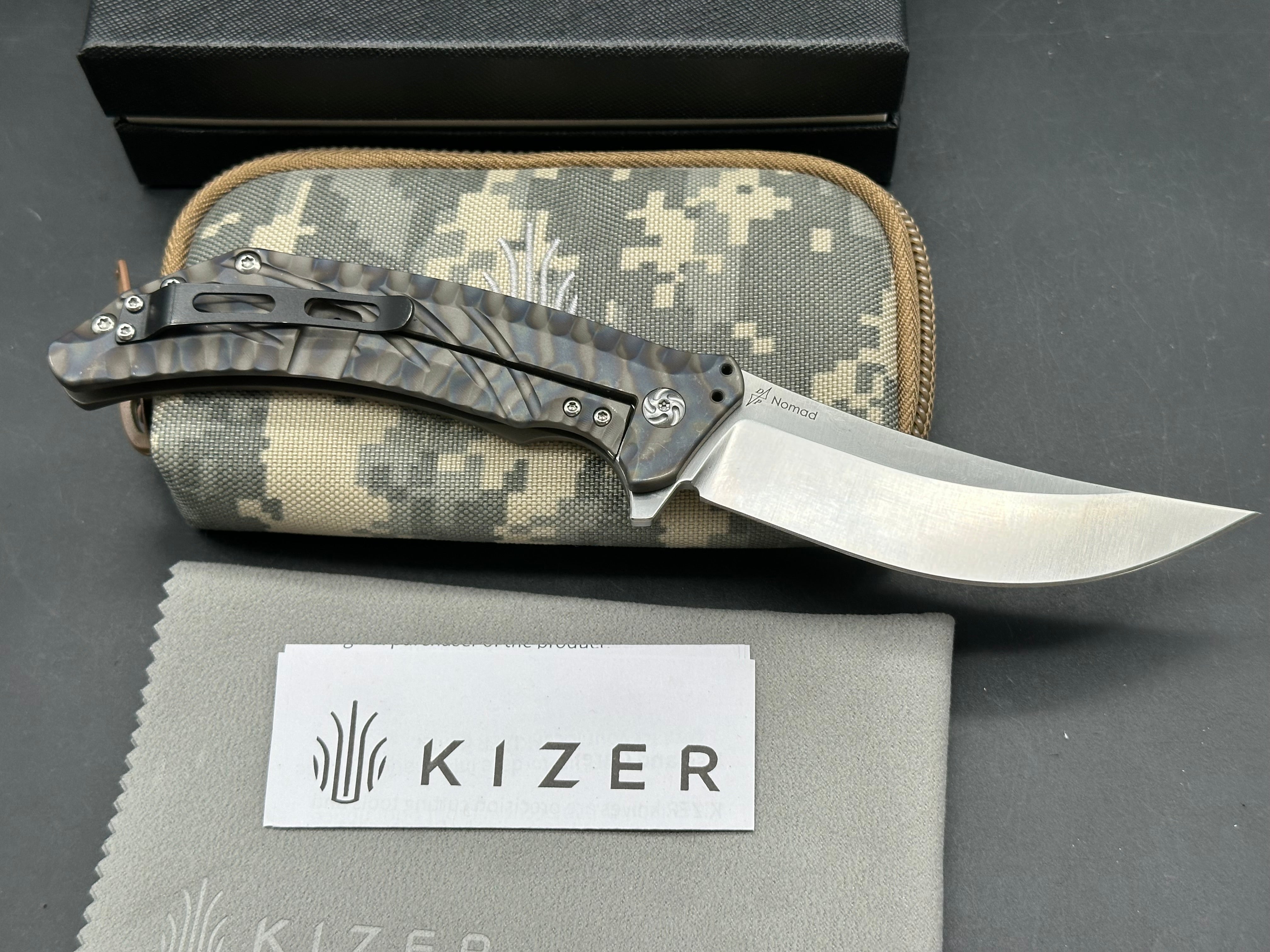 Kizer Nomad Dirk Pinkerton design 3.75 trailing point, flat grind, satin CPM-S35VN upswept blade