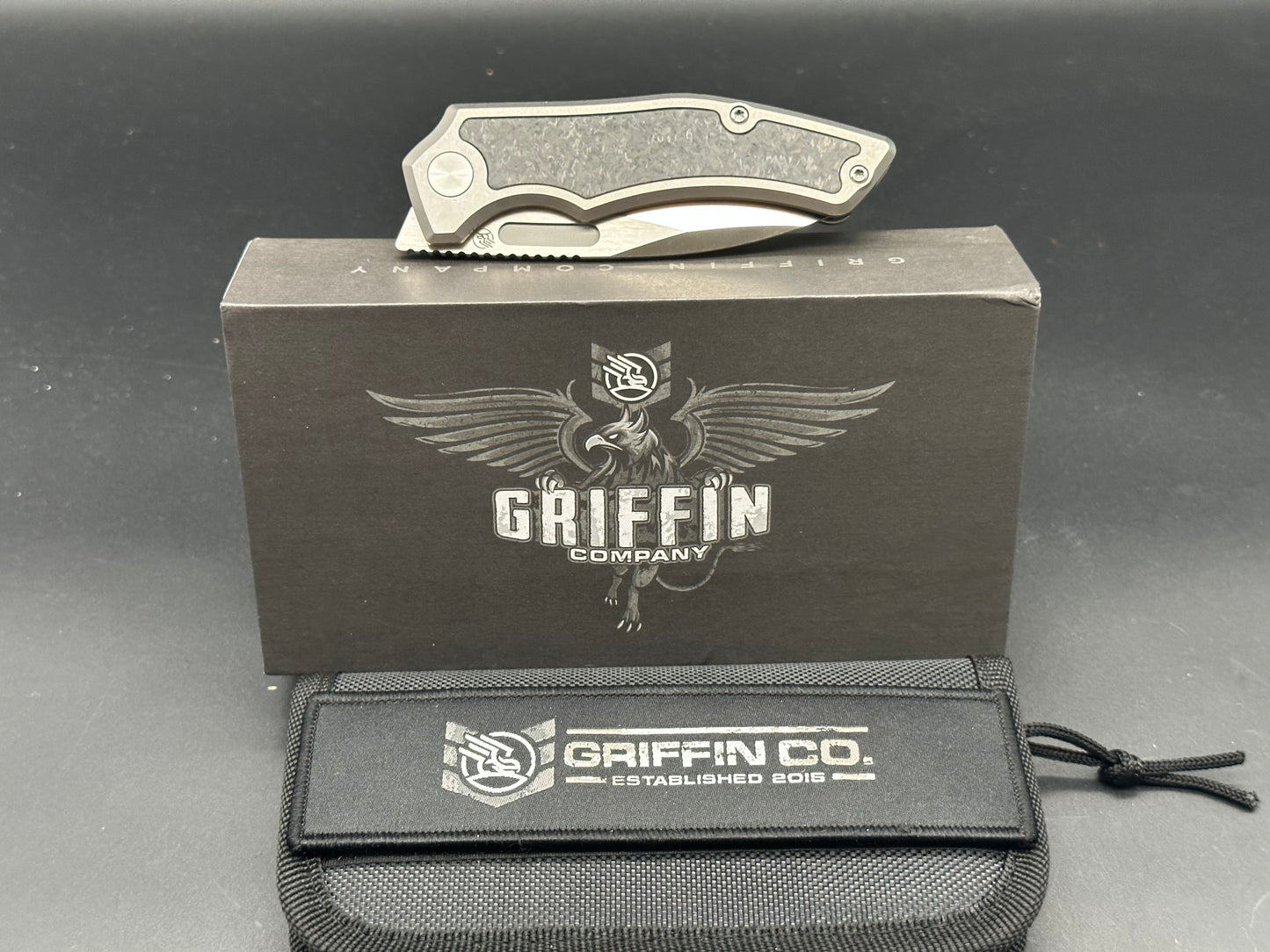 Griffin Company Scout F3 titanium/CF handle w/M390 blade (marks on clip)