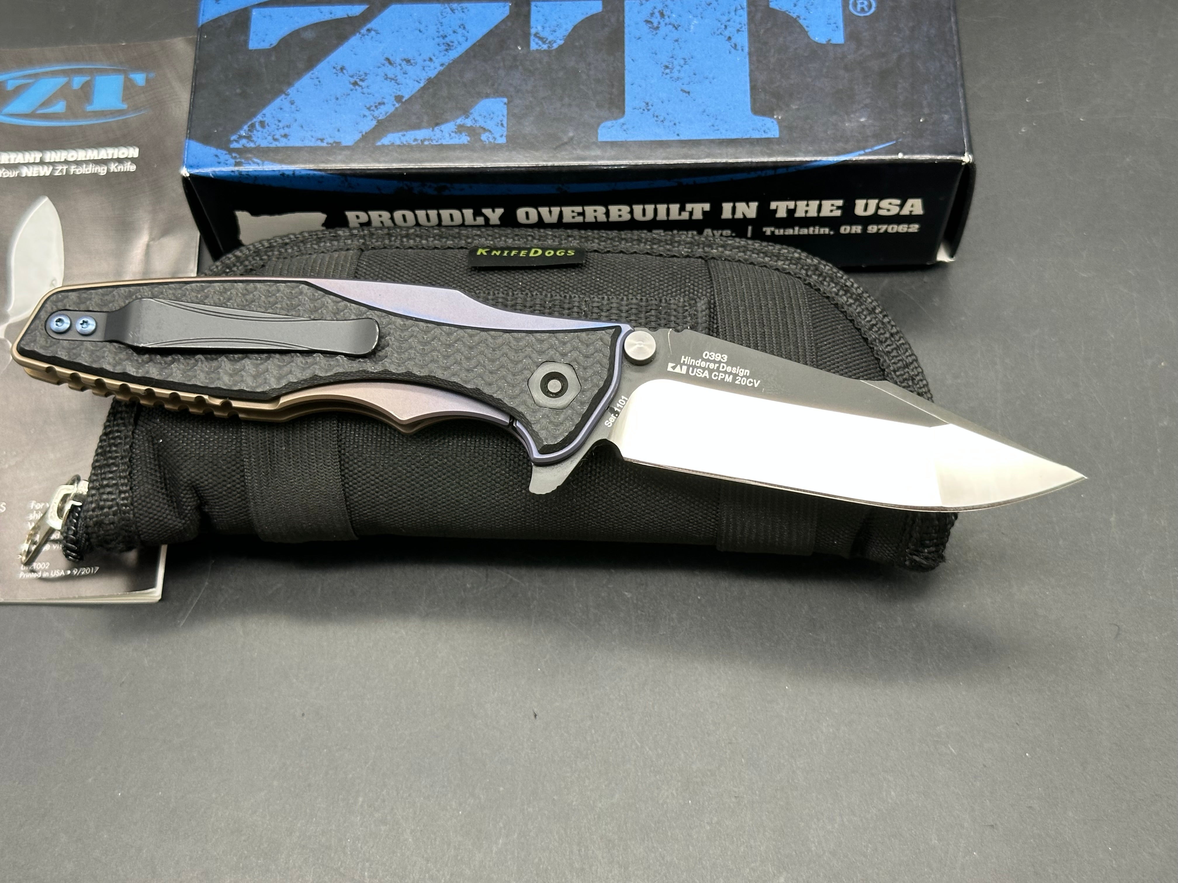 Zero Tolerance ZT 393 Rick Hinderer design. Hinderer Maximus inspired. 3.5 inch flat grind, bead blasted, two tone CPM-20CV blade