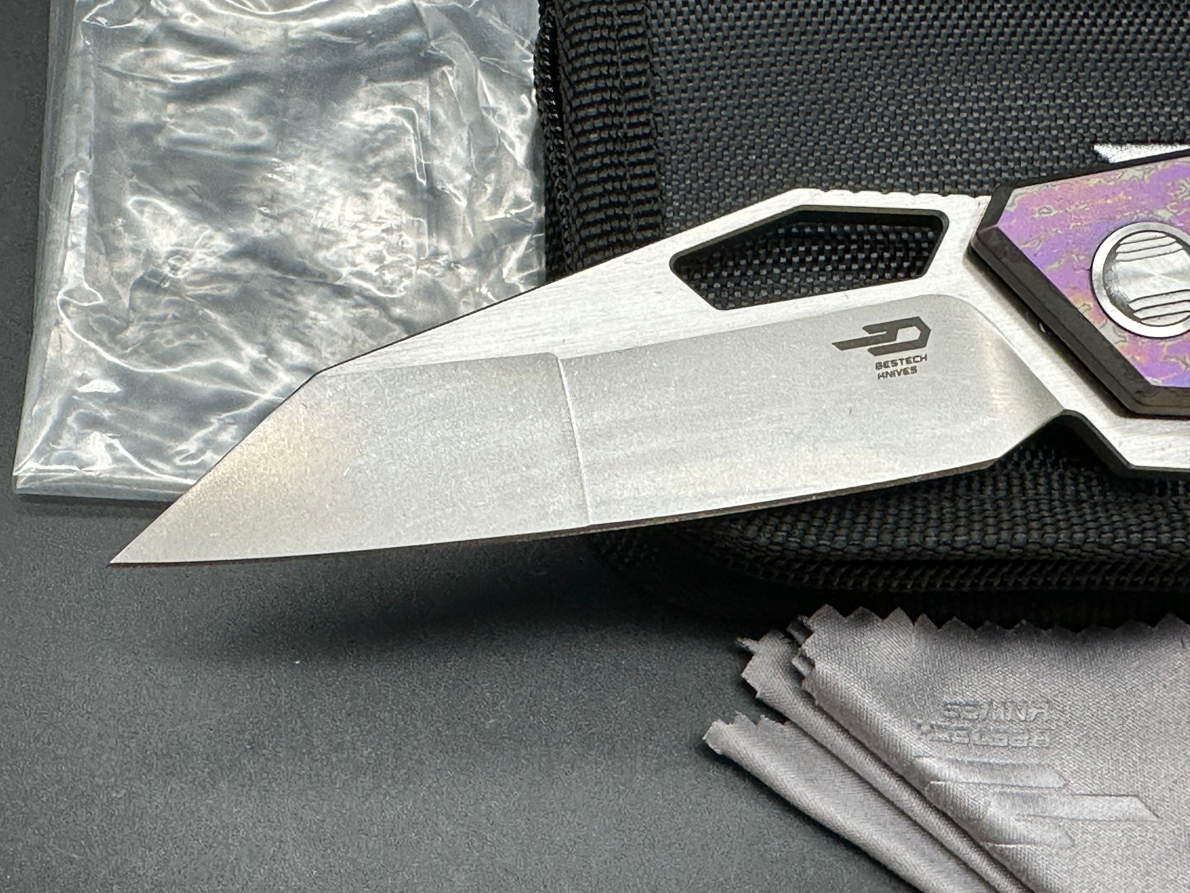 Bestech Fractal 3.5 inch combined hollow and flat grind CPM-S35VN blade. Anodized titanium scales