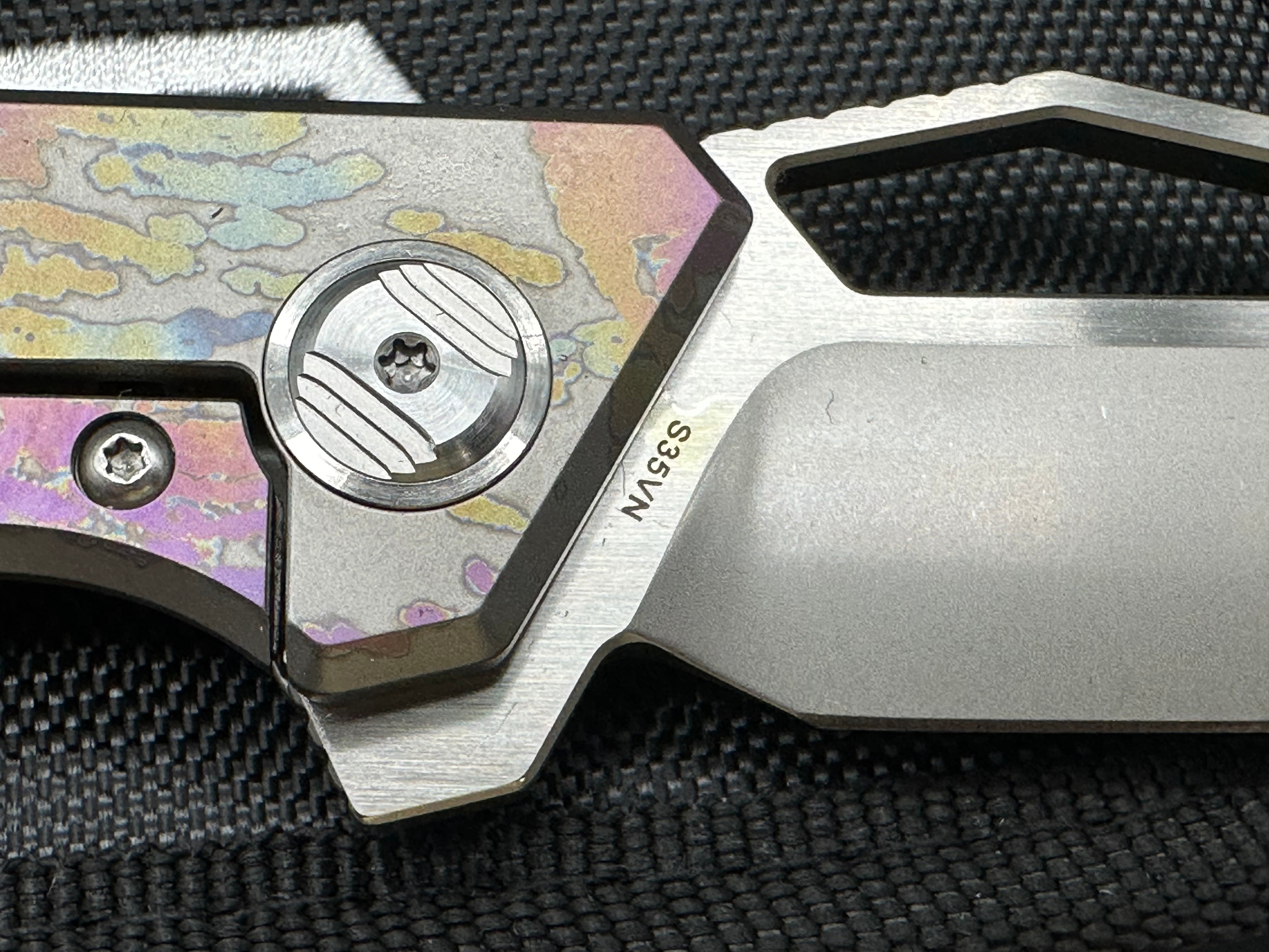 Bestech Fractal 3.5 inch combined hollow and flat grind CPM-S35VN blade. Anodized titanium scales