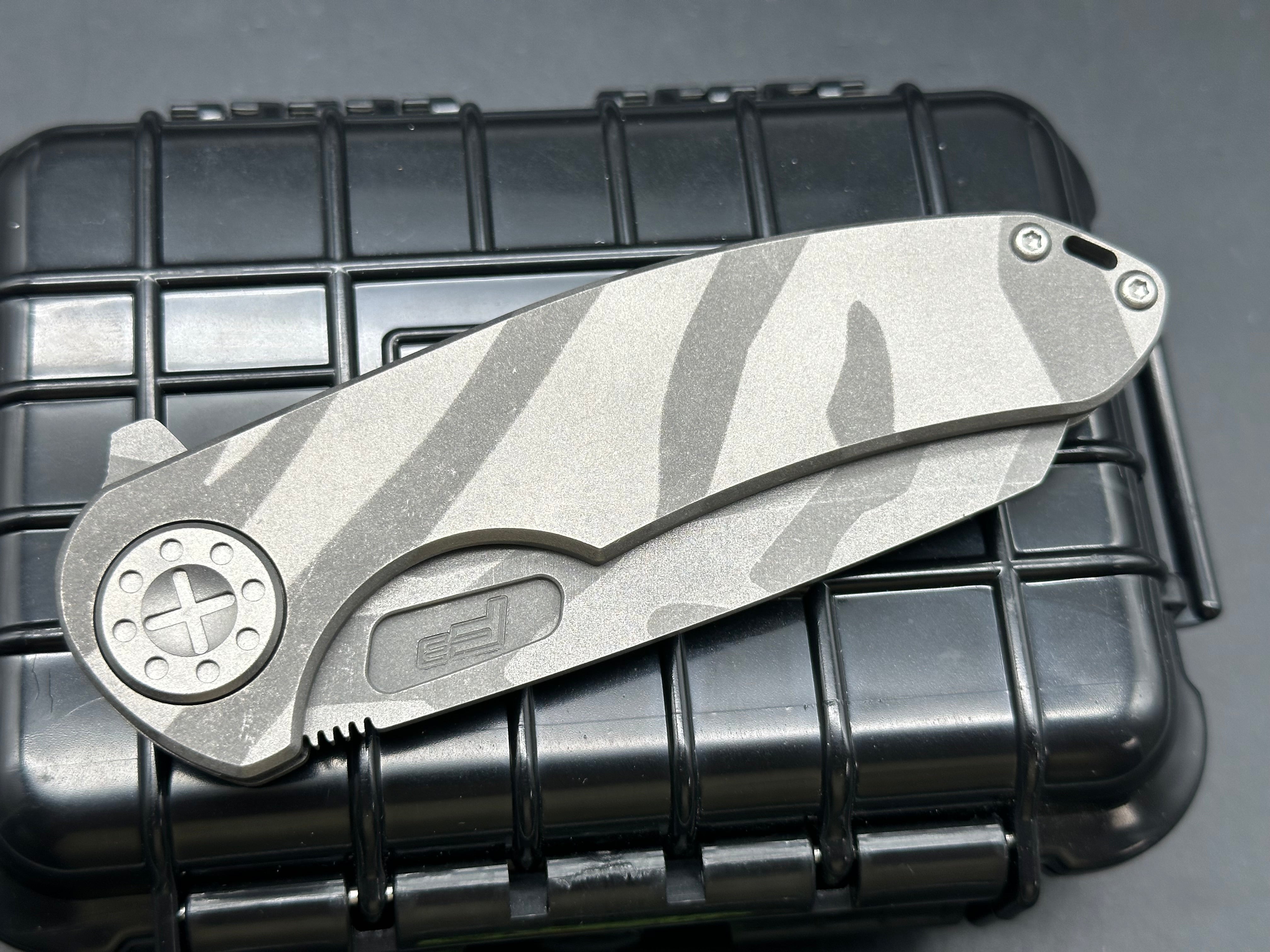 Curtiss Custom Knives Large F3 Wharncliffe Camo Blasted. Magnacut blade