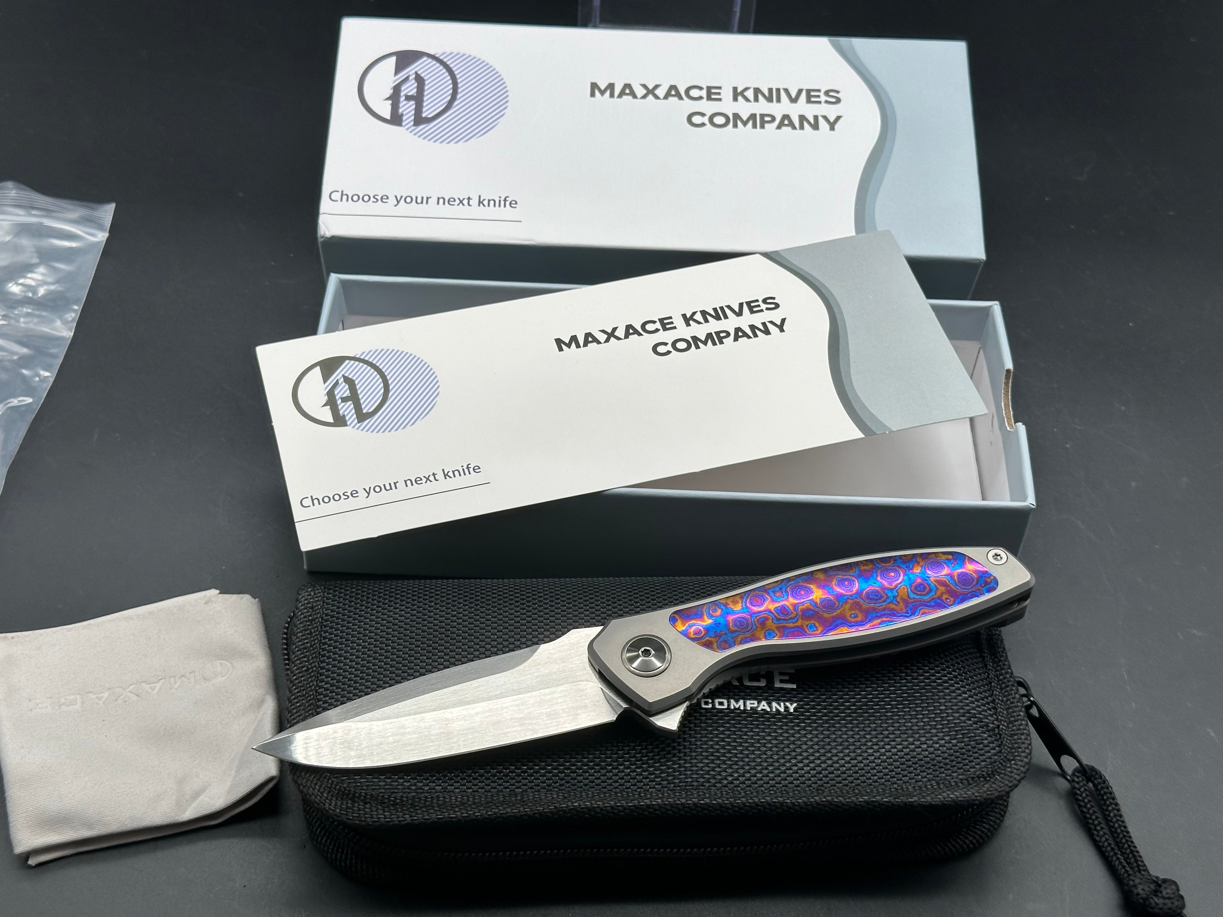 Maxace + Midnight Cat - Perseus/Gray Ti Frame + Timascus Inlays/Drop Point/Satin Magnacut