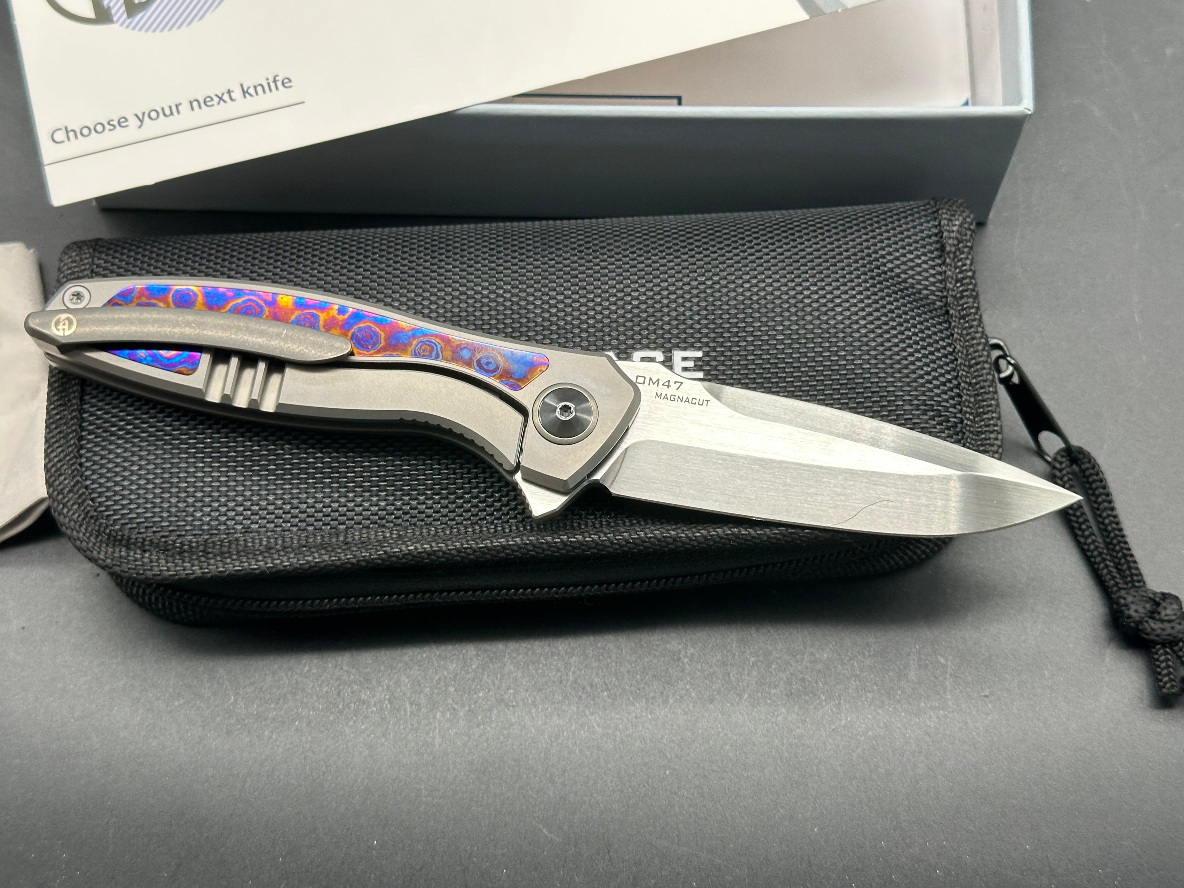 Maxace + Midnight Cat - Perseus/Gray Ti Frame + Timascus Inlays/Drop Point/Satin Magnacut