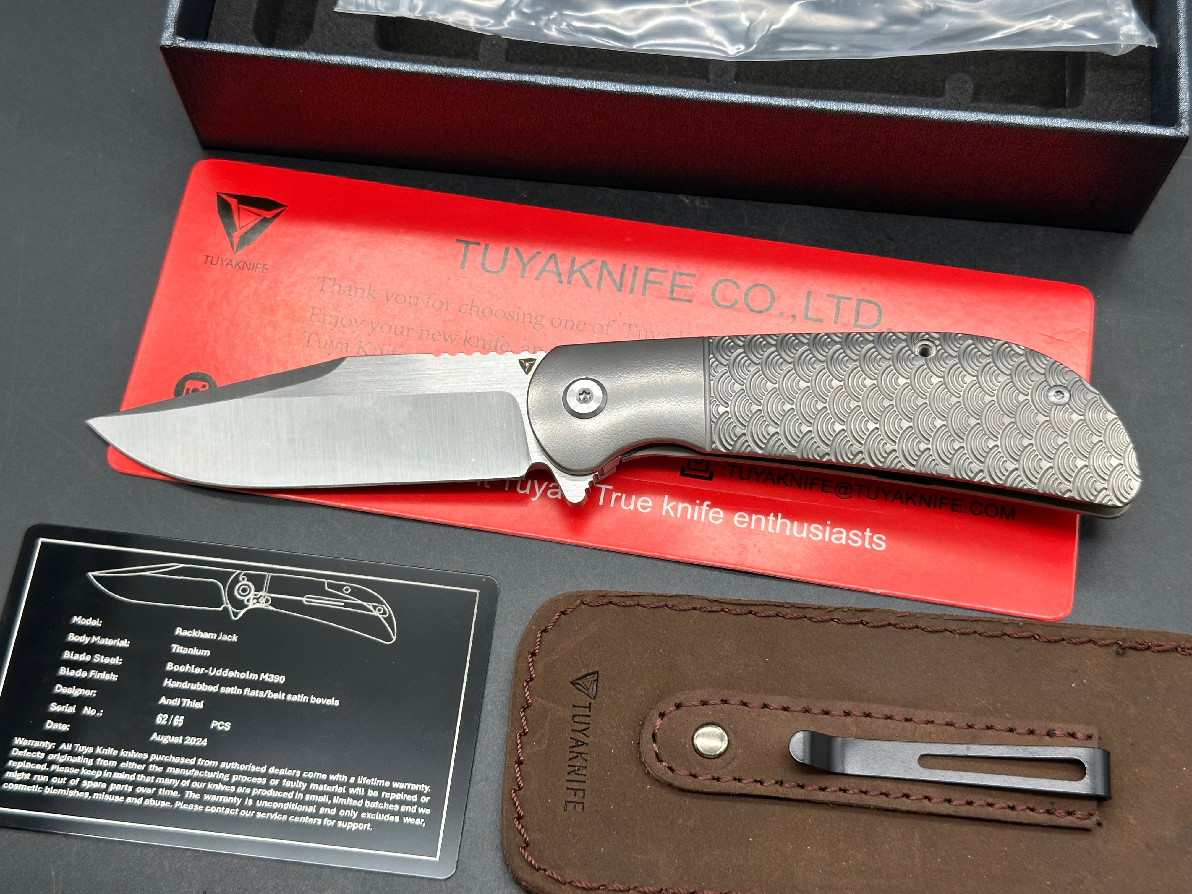 Tuyaknife Rackham Jack: Andy Thiel limited edition design. 3.25 inch drop point Bohler M390 blade. Jigged titanium scales