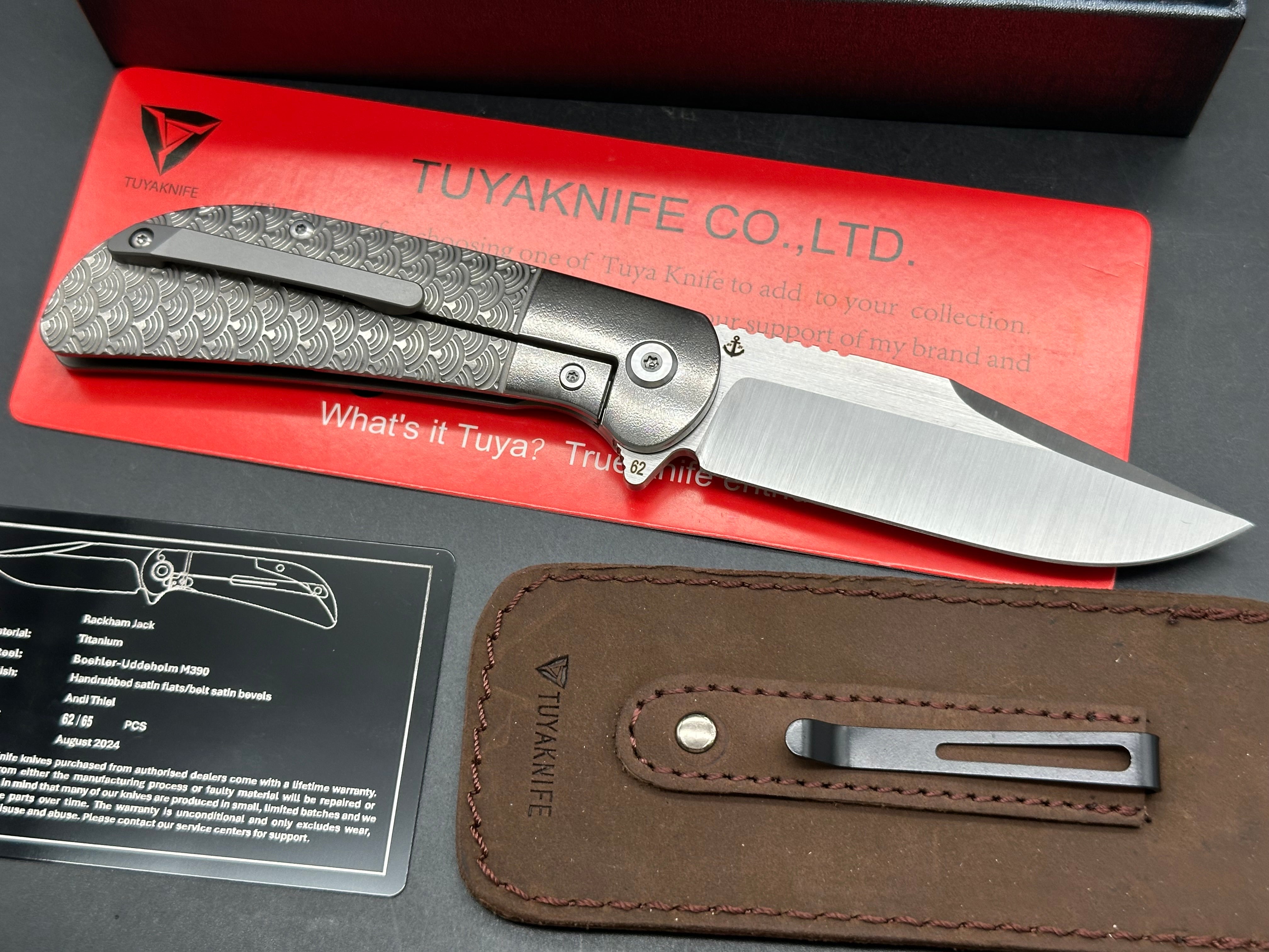Tuyaknife Rackham Jack: Andy Thiel limited edition design. 3.25 inch drop point Bohler M390 blade. Jigged titanium scales