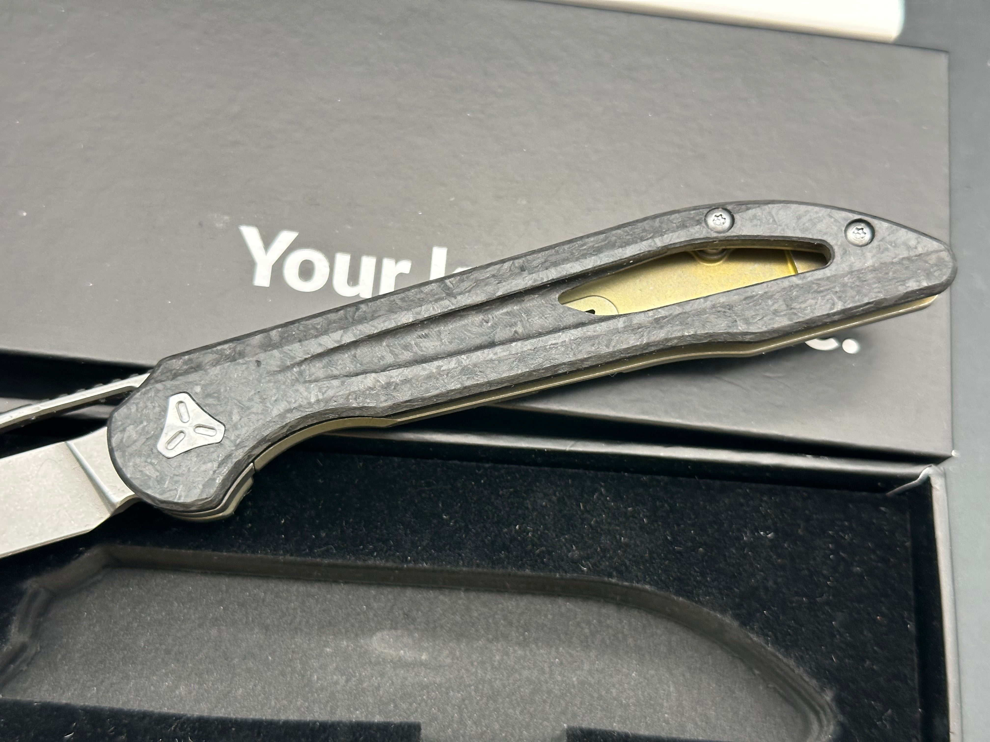 Boos Blades Smoke 2.0: 3.5 inch drop point Bohler M390 blade. Anodized bronze handle