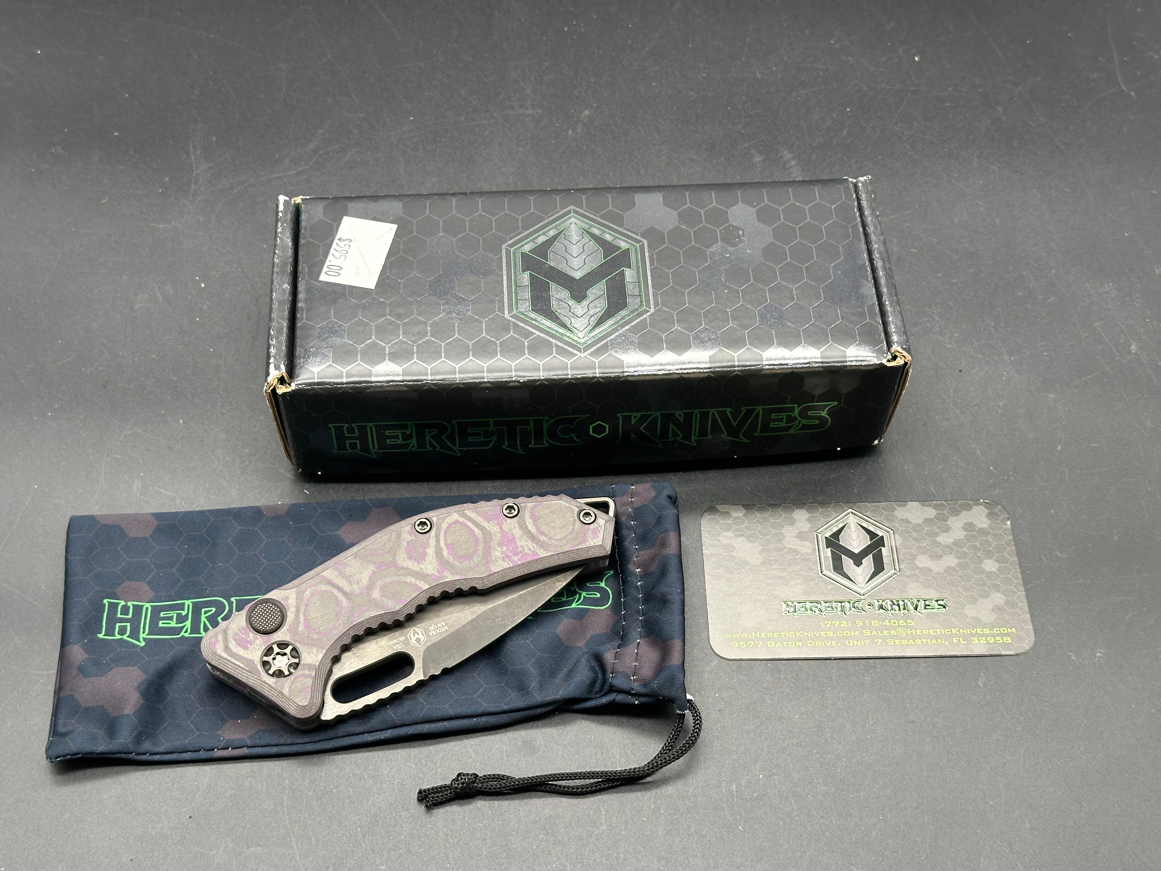Heretic Knives Medusa T/E Auto Folder Purple Fat Carbon Camo Body w/ Two Tone DLC Plain Edge Blade (3")