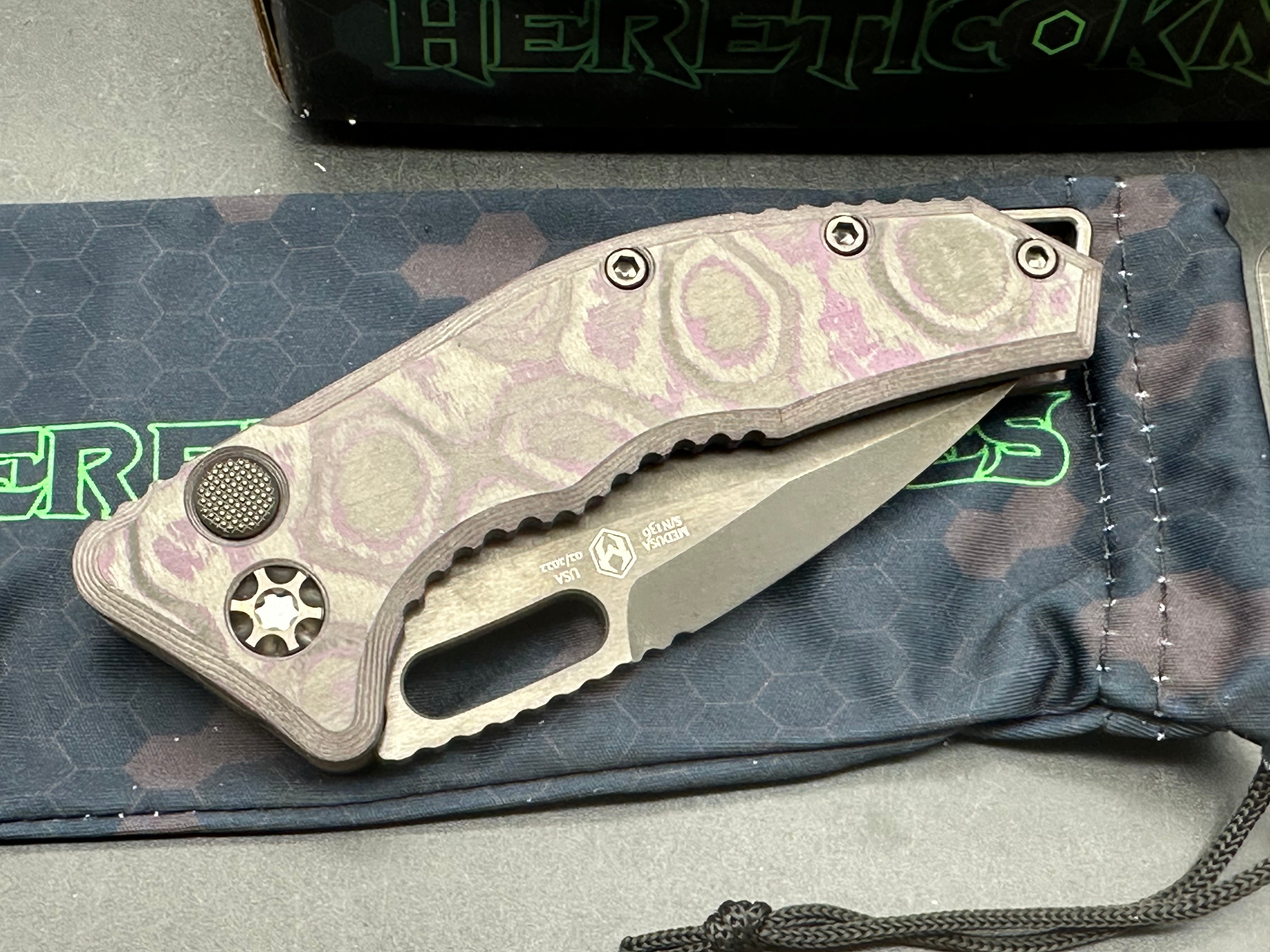 Heretic Knives Medusa T/E Auto Folder Purple Fat Carbon Camo Body w/ Two Tone DLC Plain Edge Blade (3")