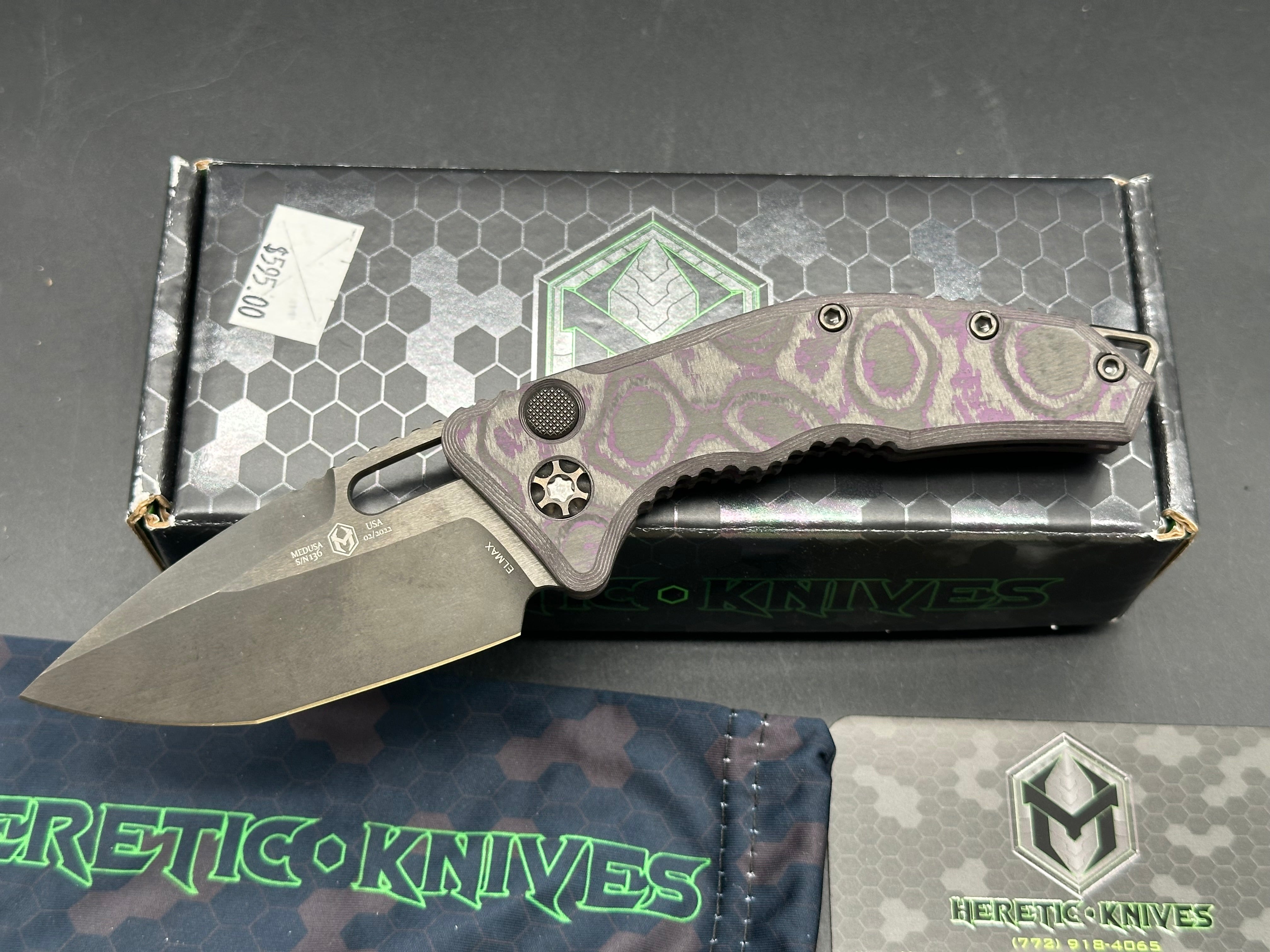 Heretic Knives Medusa T/E Auto Folder Purple Fat Carbon Camo Body w/ Two Tone DLC Plain Edge Blade (3")