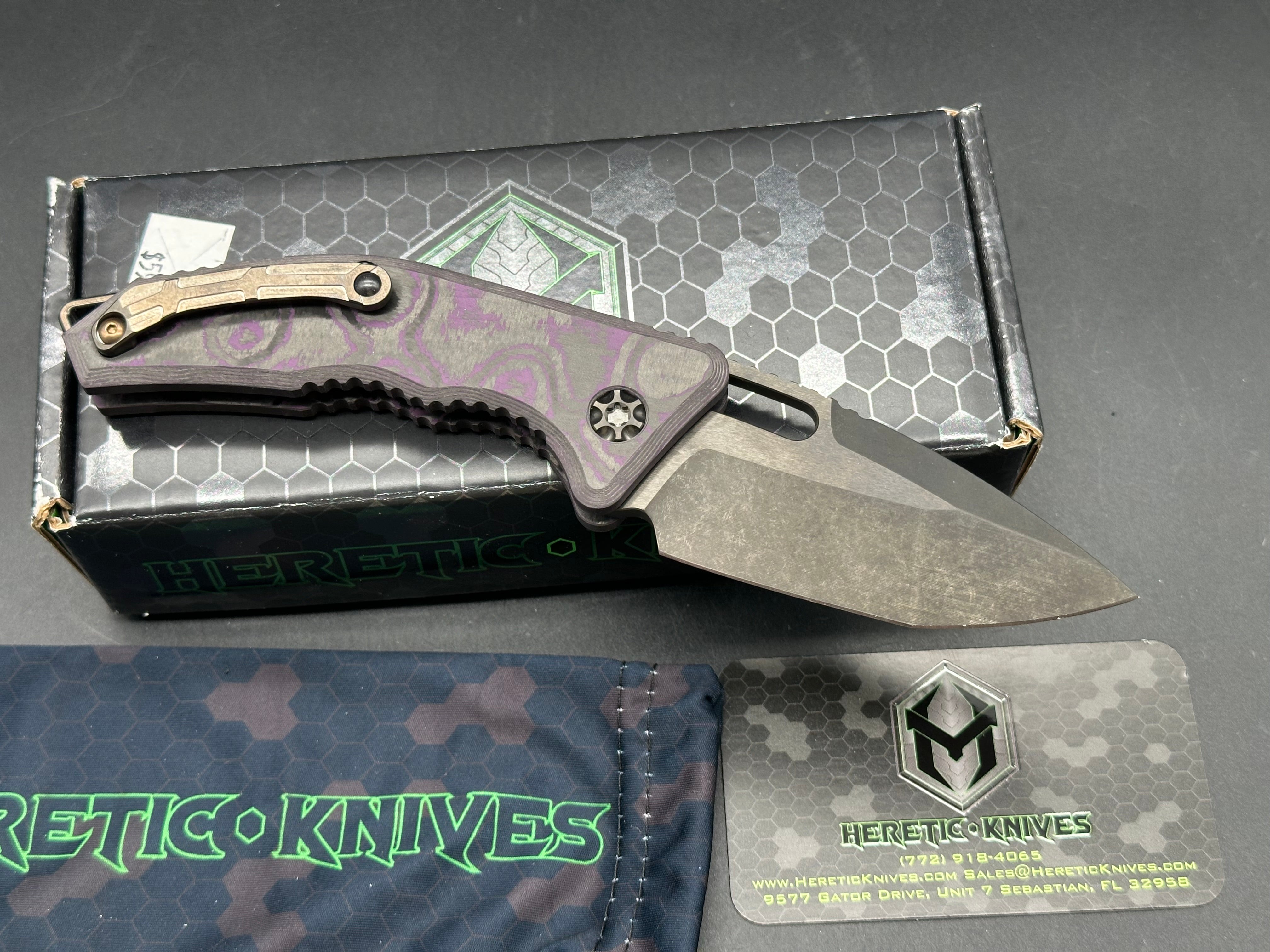 Heretic Knives Medusa T/E Auto Folder Purple Fat Carbon Camo Body w/ Two Tone DLC Plain Edge Blade (3")