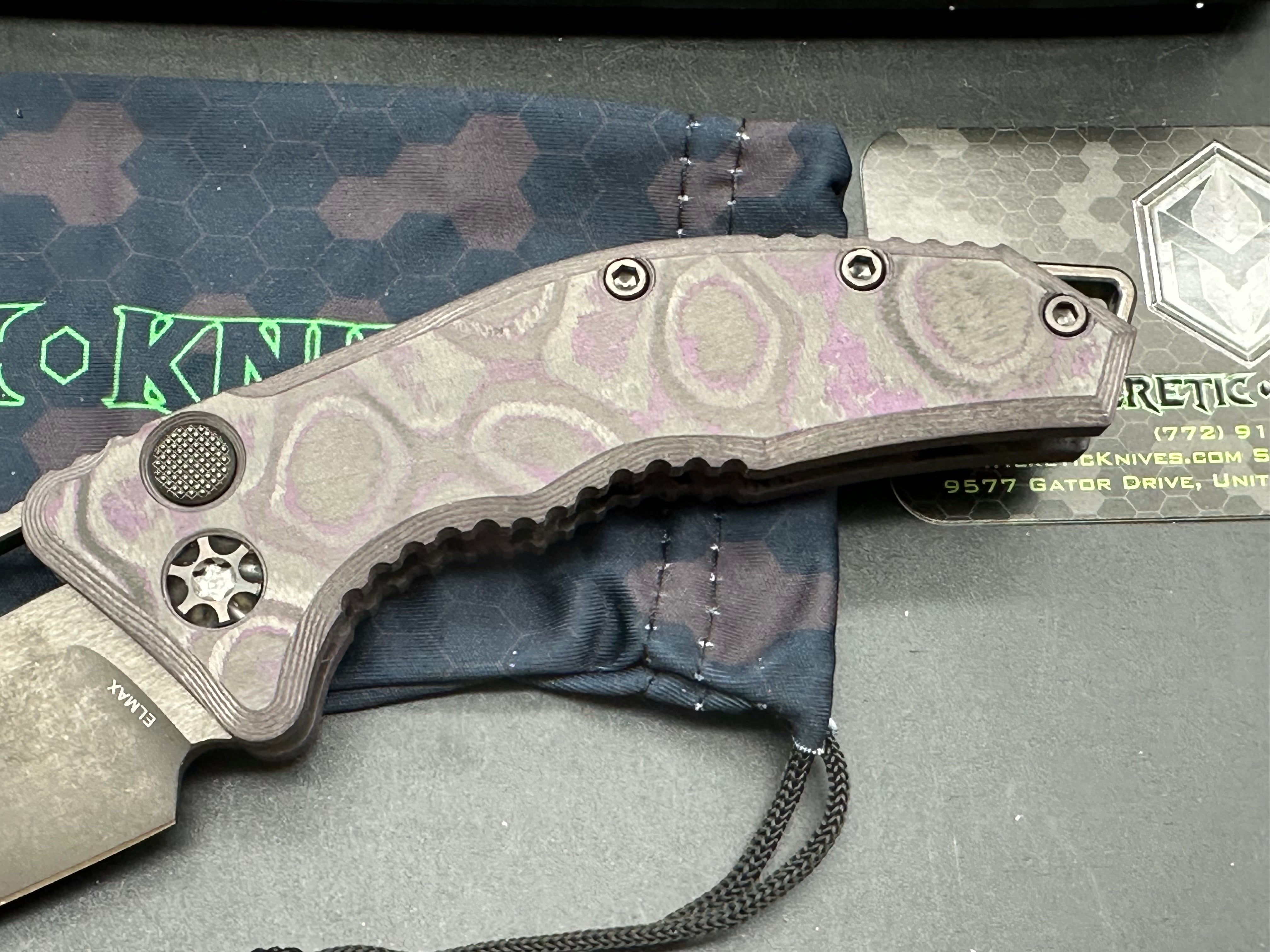 Heretic Knives Medusa T/E Auto Folder Purple Fat Carbon Camo Body w/ Two Tone DLC Plain Edge Blade (3")