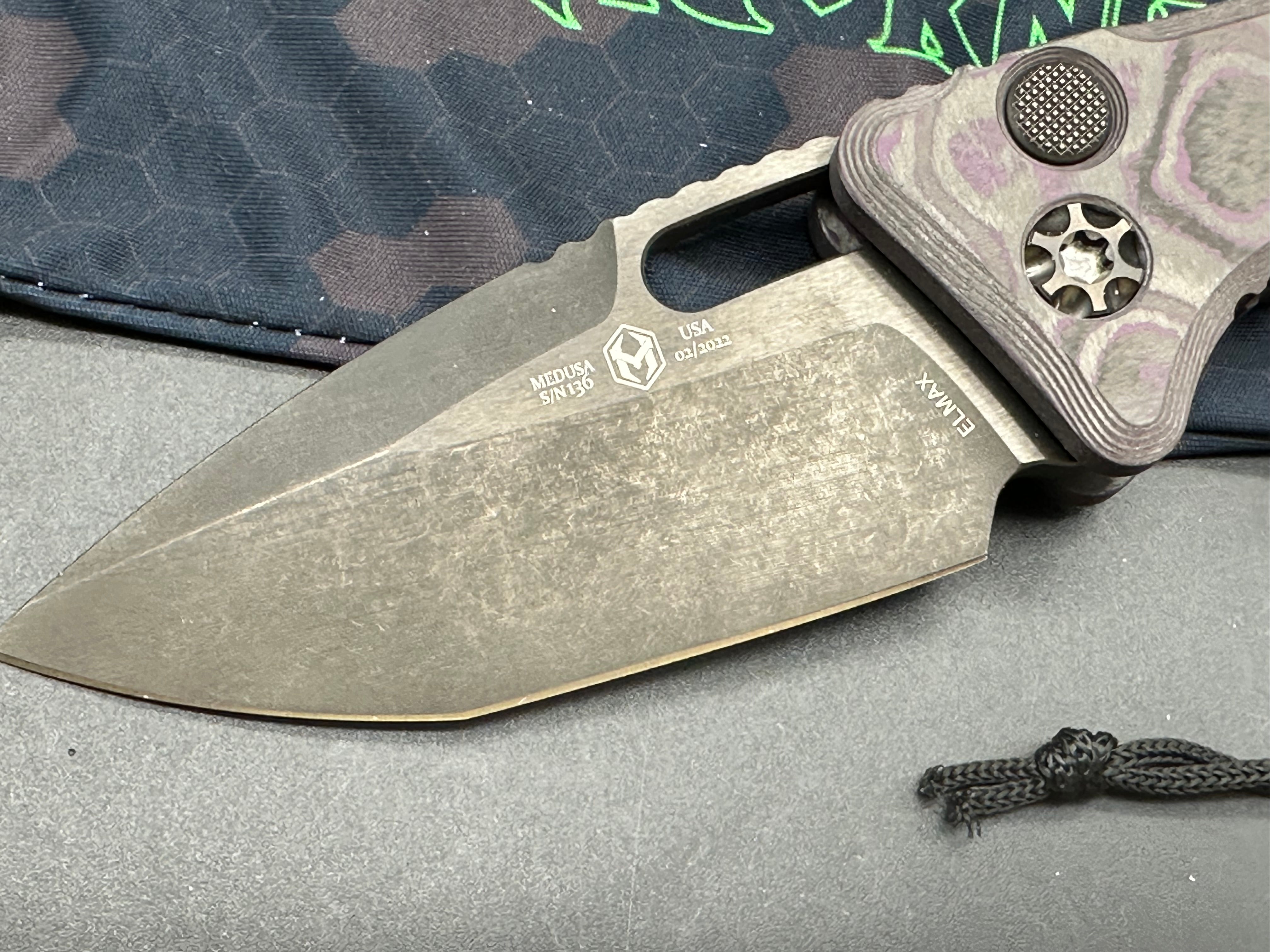 Heretic Knives Medusa T/E Auto Folder Purple Fat Carbon Camo Body w/ Two Tone DLC Plain Edge Blade (3")