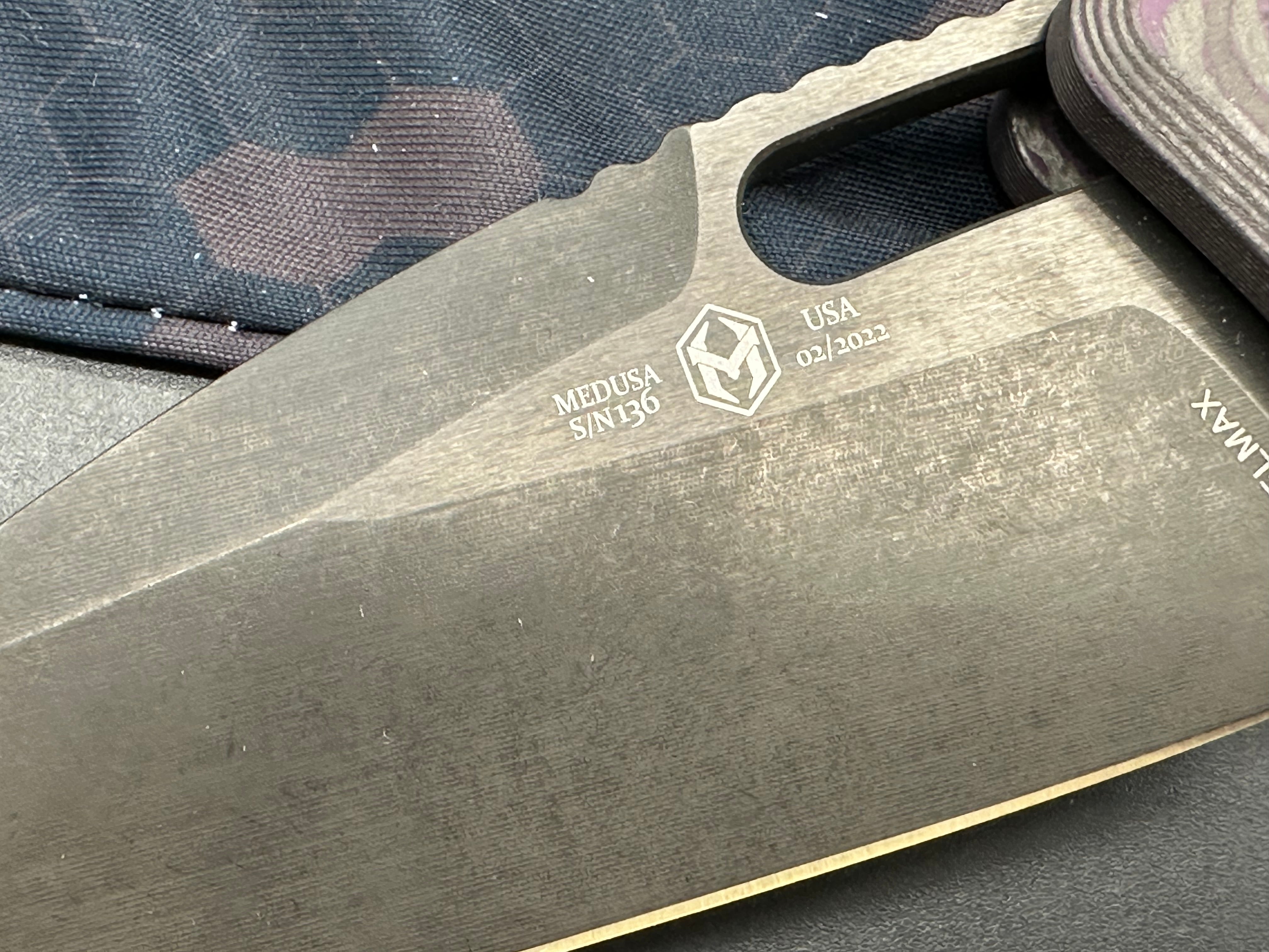 Heretic Knives Medusa T/E Auto Folder Purple Fat Carbon Camo Body w/ Two Tone DLC Plain Edge Blade (3")