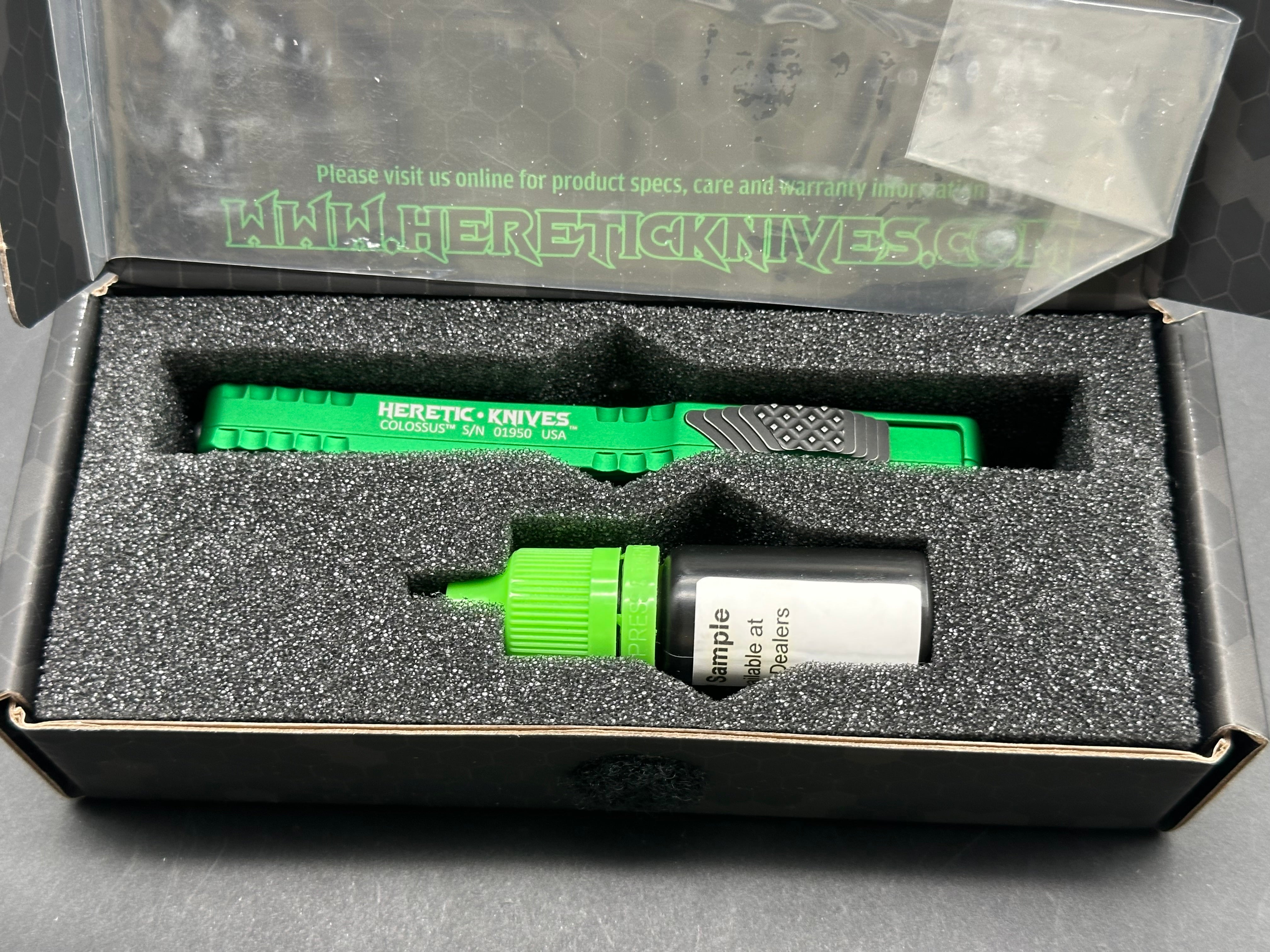 HERETIC KNIVES "COLOSSUS" OTF AUTOMATIC KNIFE GREEN 3.5" TANTO BATTLEWORN BLACK