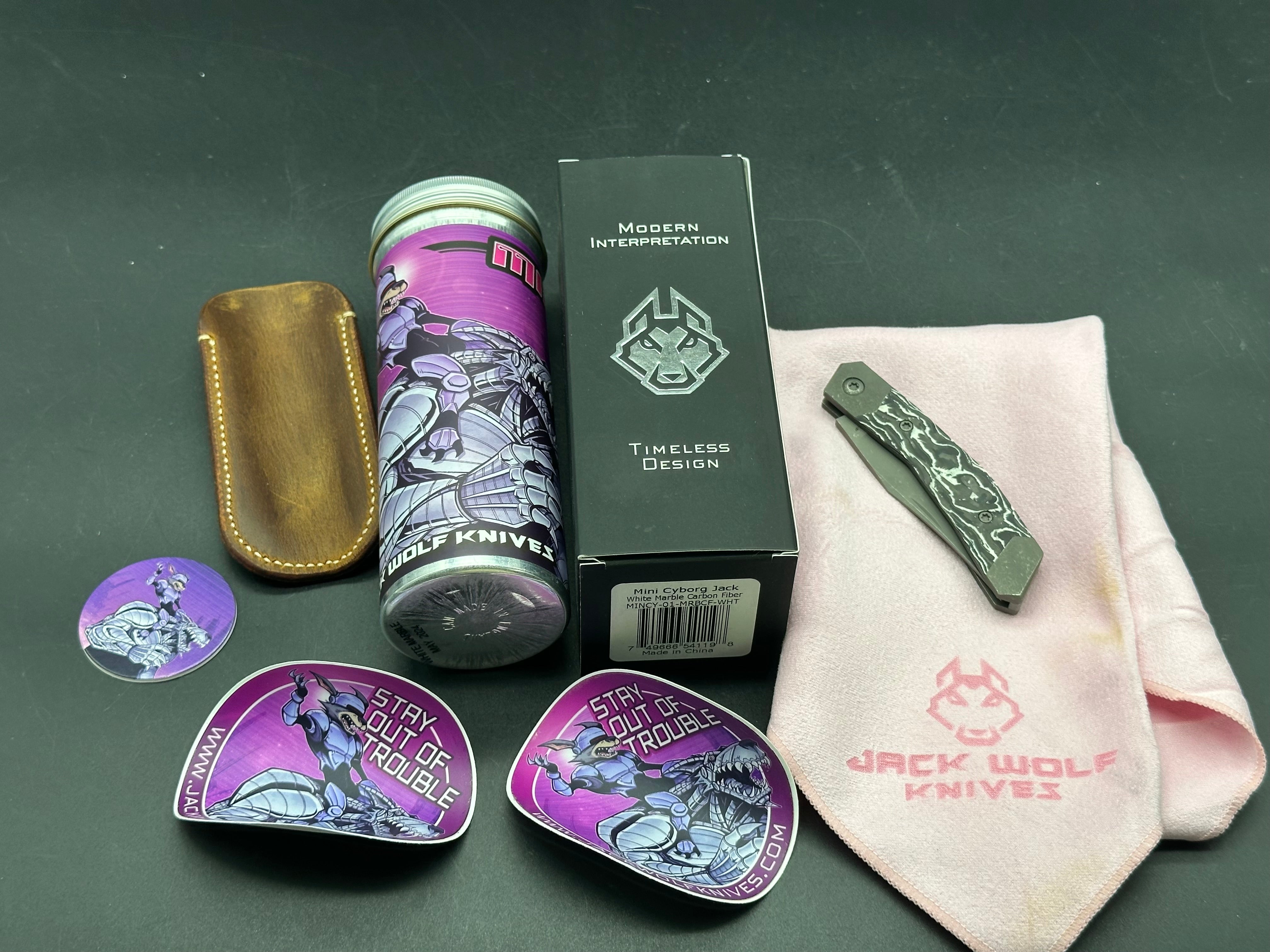 Jack Wolf Knives Mini Cyborg Jack Slip Joint Knife White Marble CF (2.6" BB/SW)