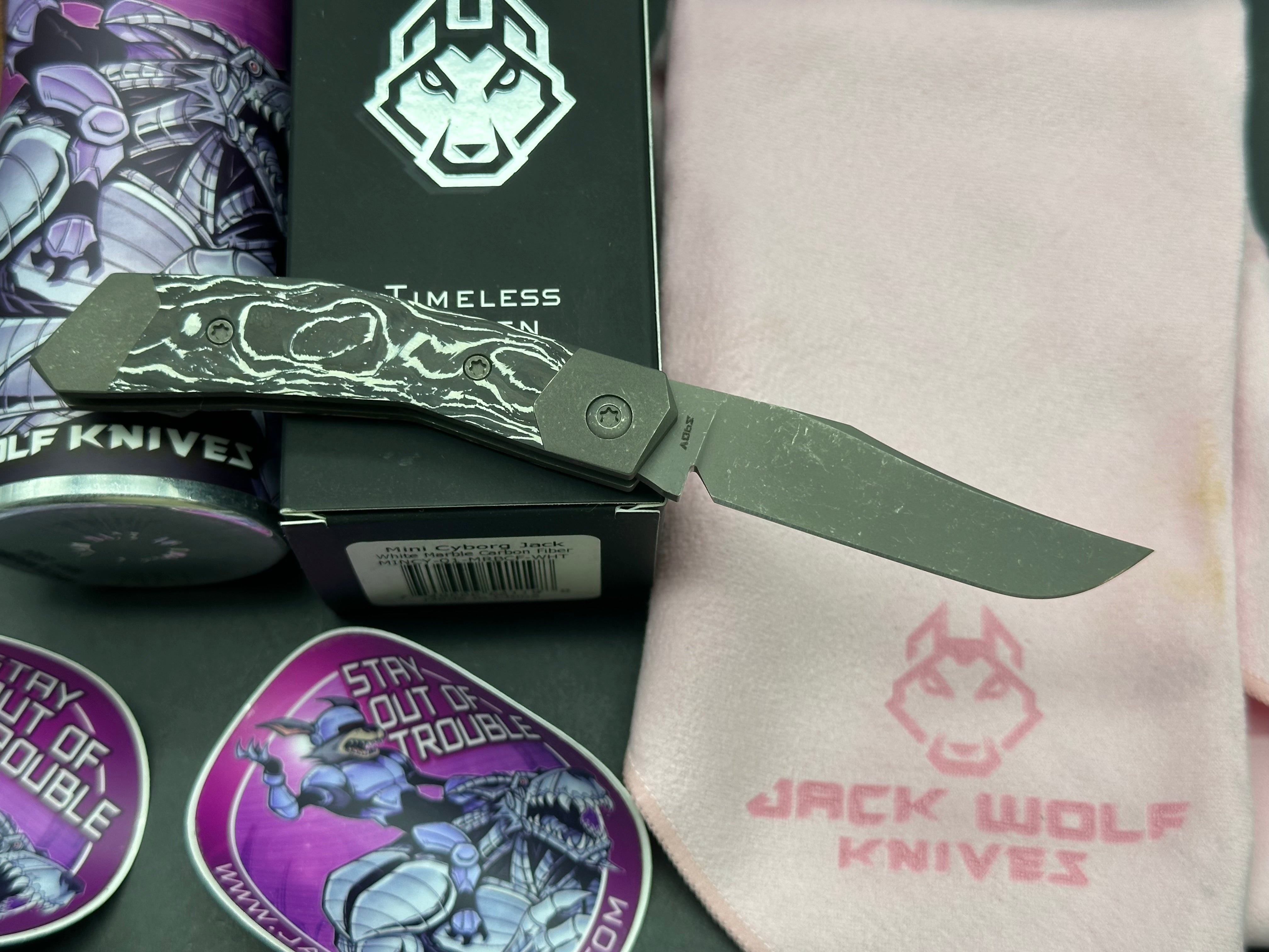 Jack Wolf Knives Mini Cyborg Jack Slip Joint Knife White Marble CF (2.6" BB/SW)