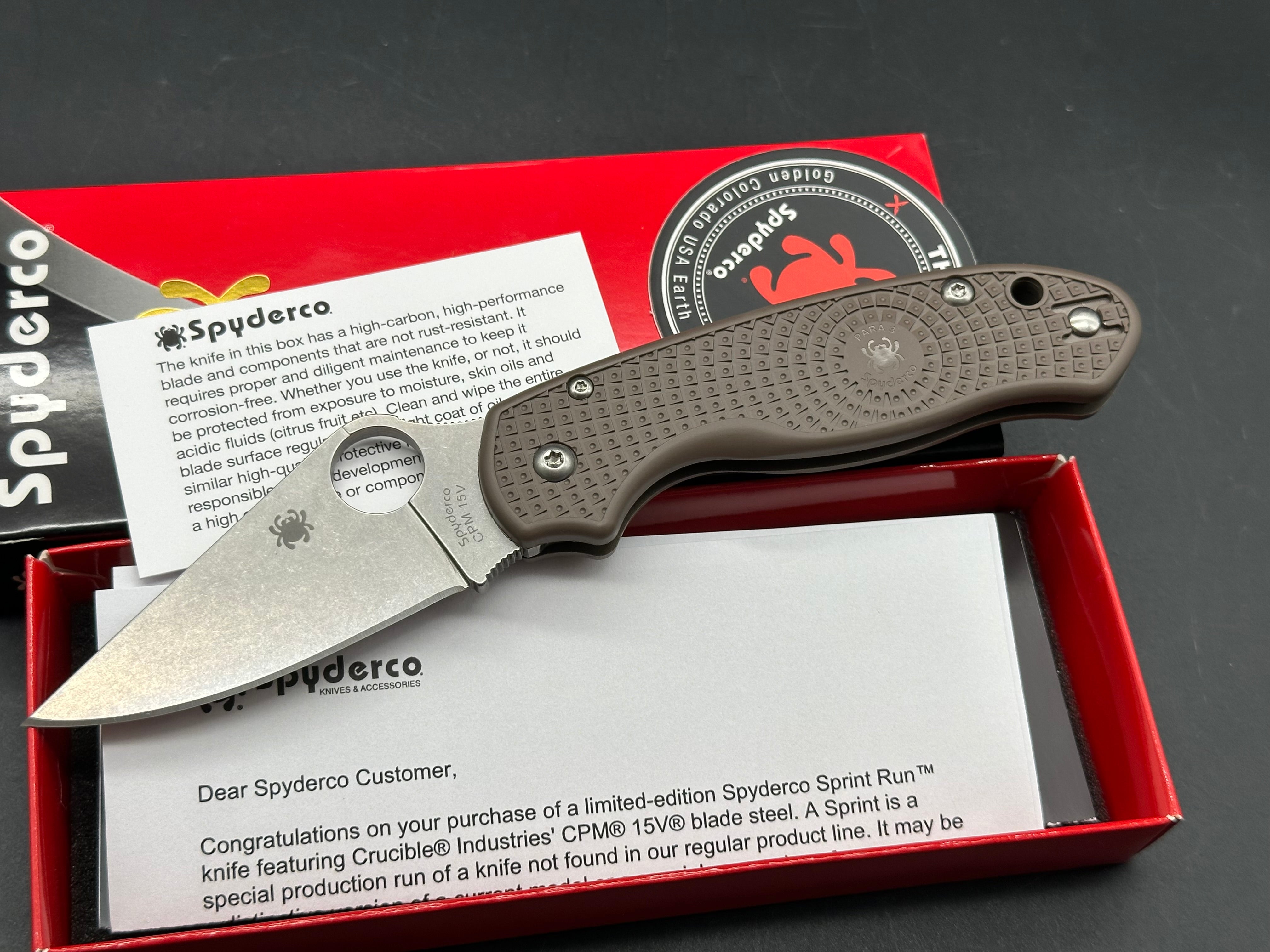 Spyderco Para 3 Lightweight Sprint Run, 2.93" CPM 15V Stonewash Blade with Brown FRN Handle