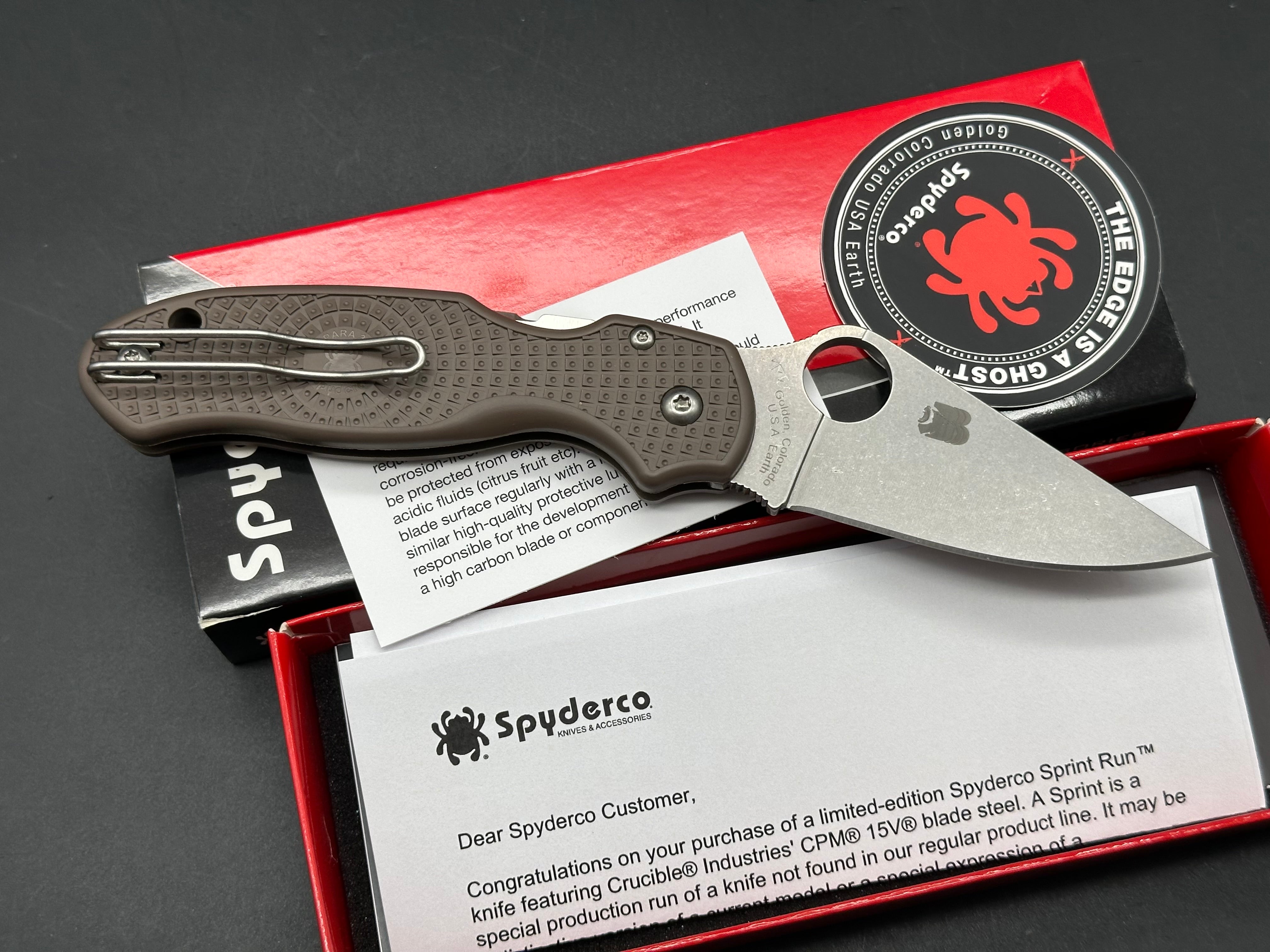 Spyderco Para 3 Lightweight Sprint Run, 2.93" CPM 15V Stonewash Blade with Brown FRN Handle