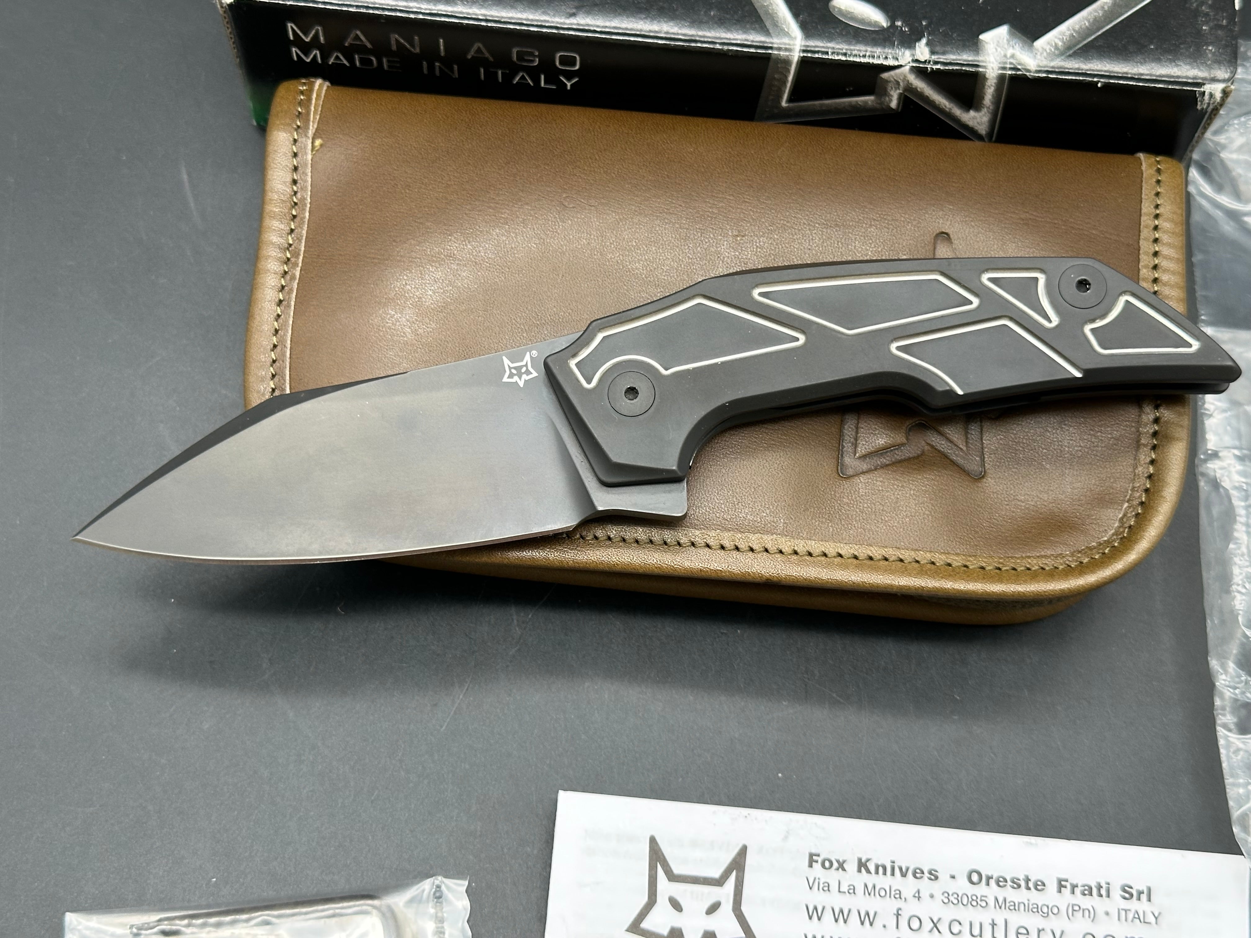 Fox Knives Phoenix: Tashi Bharucha design. Made in Italy. 3.54 inch Bohler M390 blade. Machined titanium handle