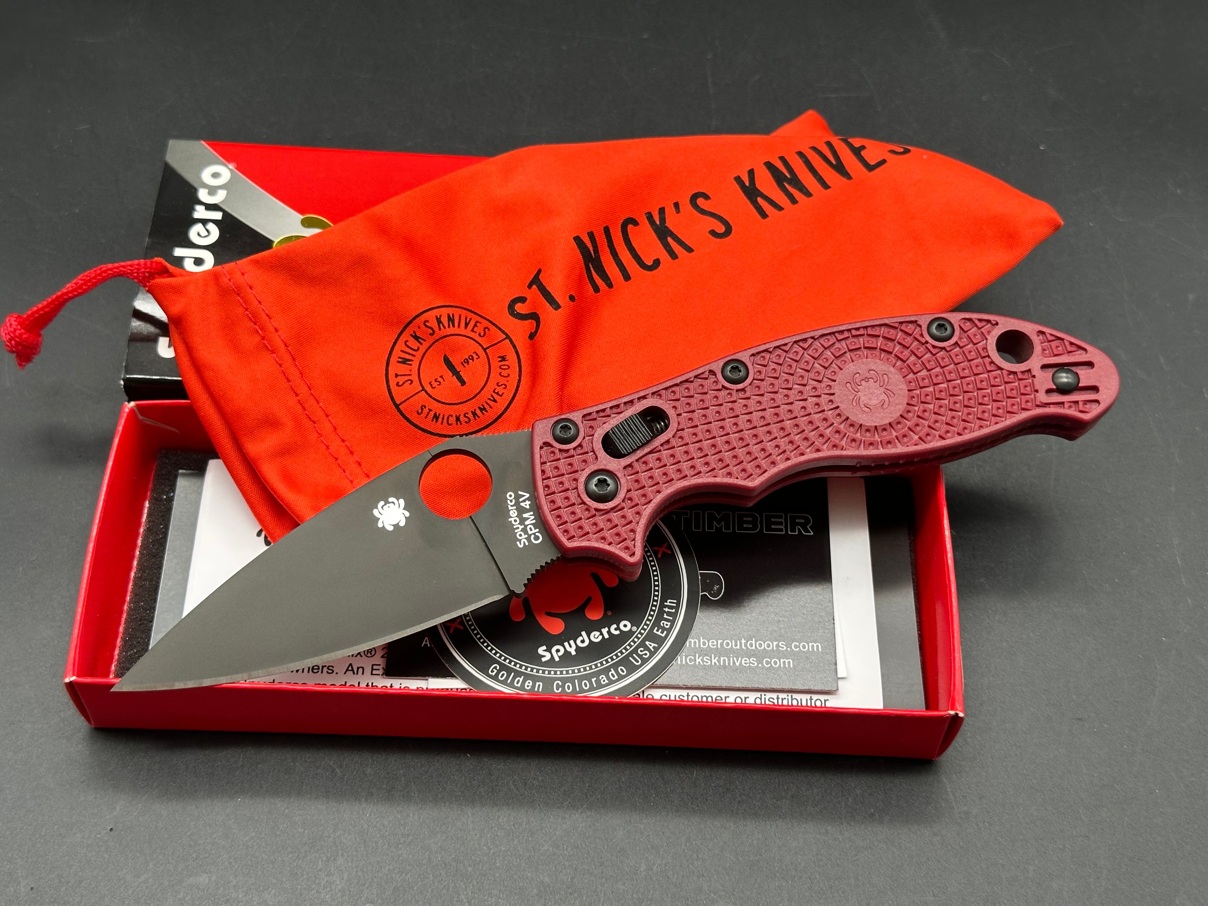 Spyderco Manix 2 Lightweight, St. Nick's Knives Exclusive, 3.37" CPM-4V Black DLC Blade with Red FRN Handle