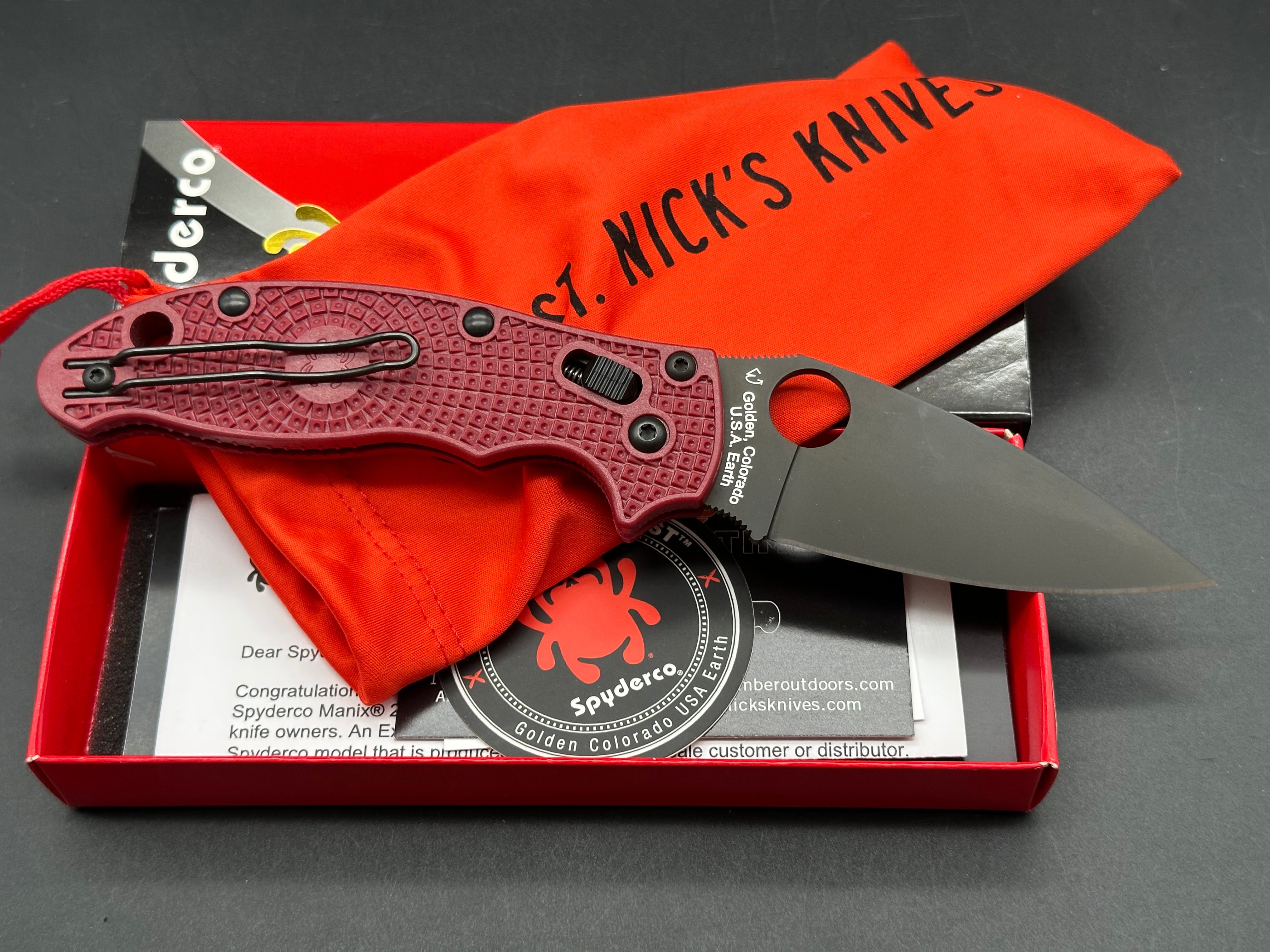 Spyderco Manix 2 Lightweight, St. Nick's Knives Exclusive, 3.37" CPM-4V Black DLC Blade with Red FRN Handle