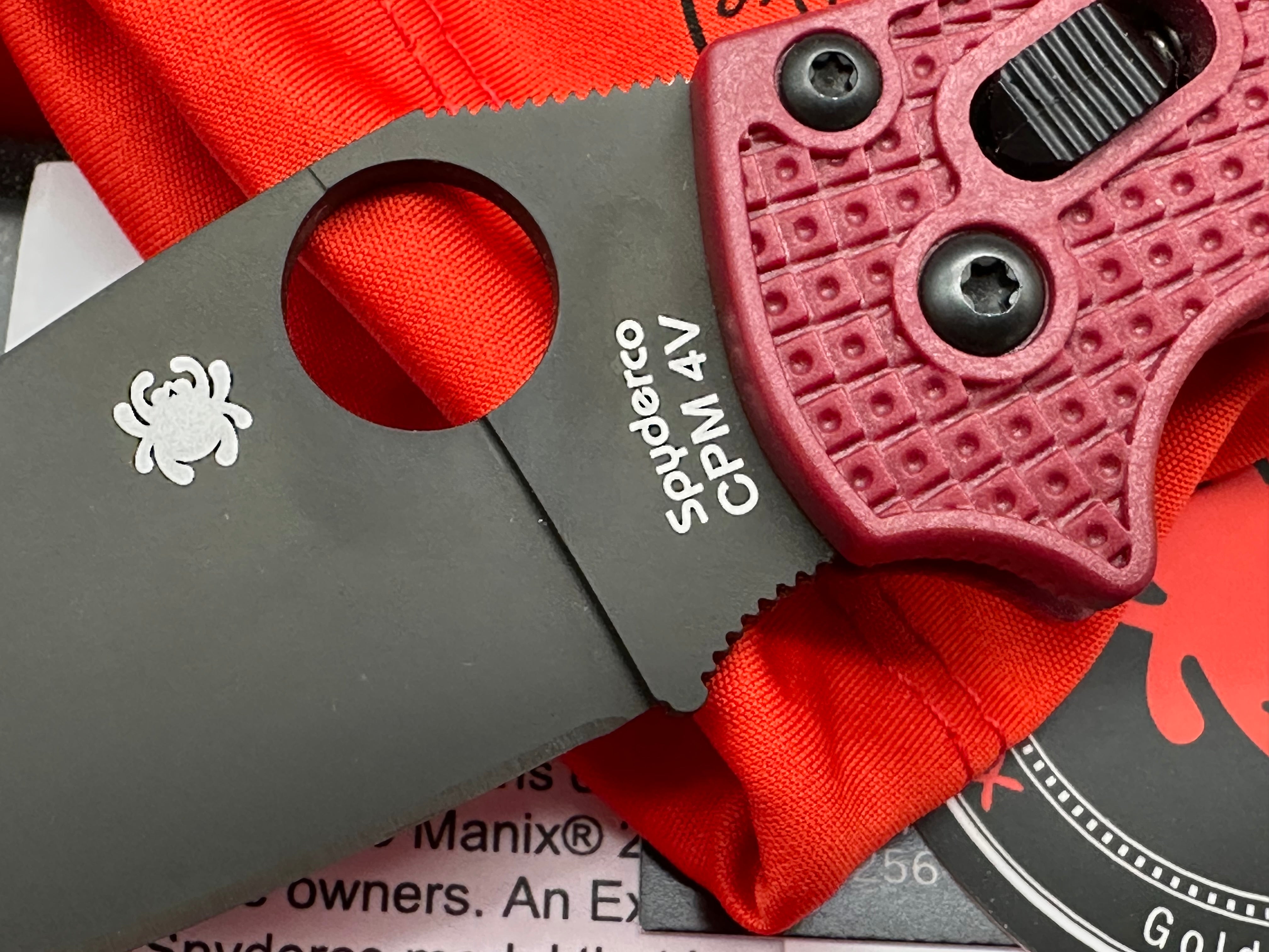 Spyderco Manix 2 Lightweight, St. Nick's Knives Exclusive, 3.37" CPM-4V Black DLC Blade with Red FRN Handle