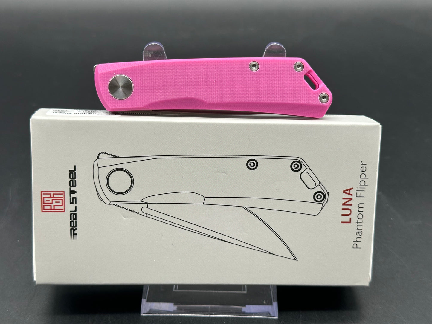 Real Steel Luna Phantom Flipper, Double Detent Ball System 2.5'' D2 Satin Blade, Pink G10 Handle