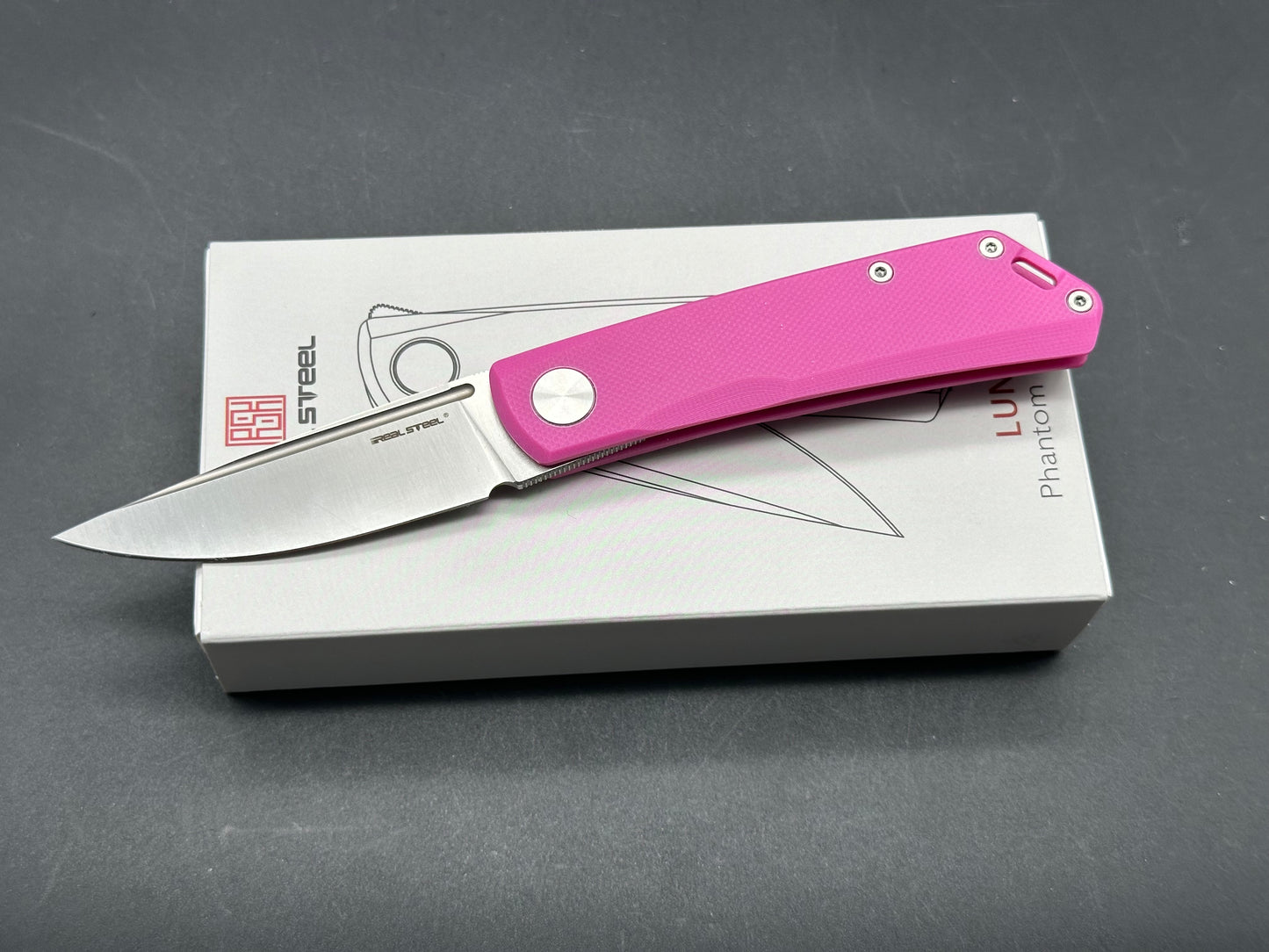 Real Steel Luna Phantom Flipper, Double Detent Ball System 2.5'' D2 Satin Blade, Pink G10 Handle