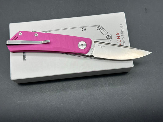 Real Steel Luna Phantom Flipper, Double Detent Ball System 2.5'' D2 Satin Blade, Pink G10 Handle