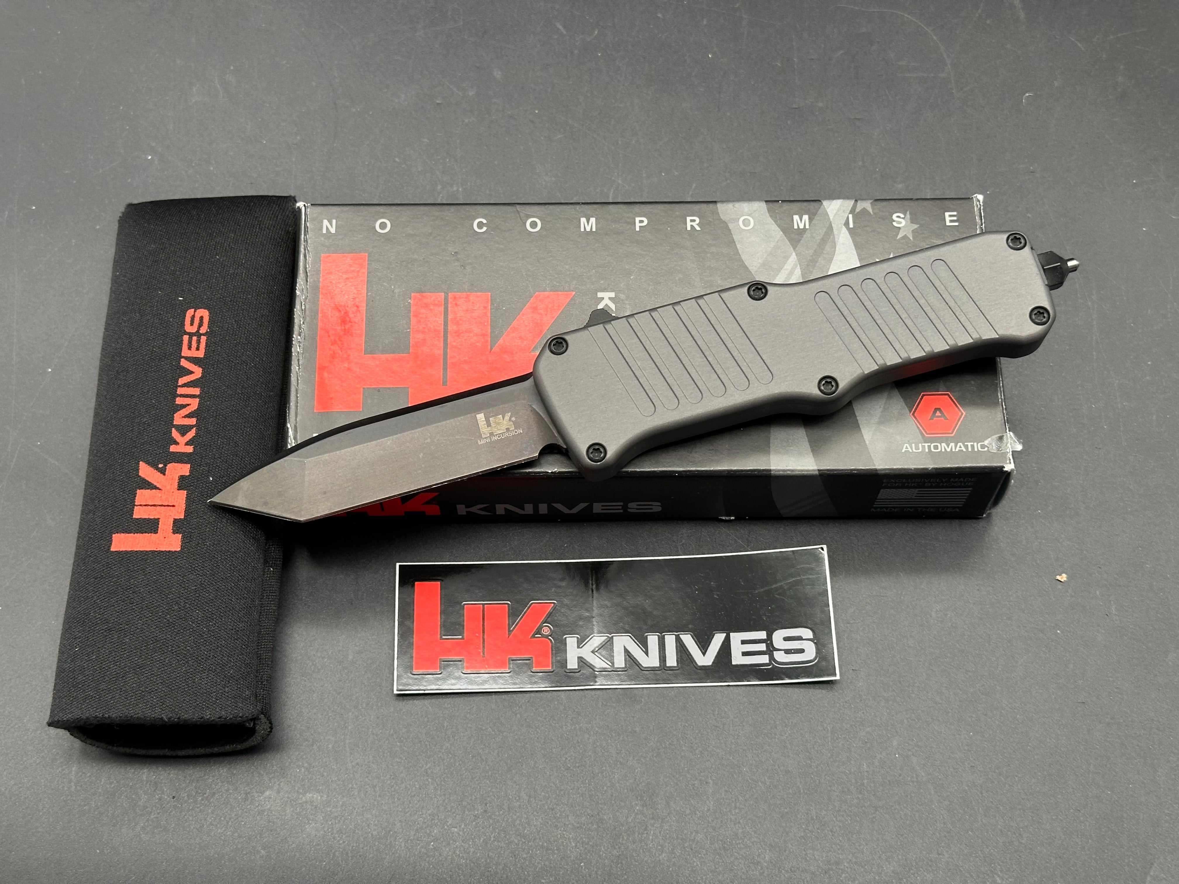 HK Knives by Hogue Mini Incursion OTF AUTO Knife 2.95" 154CM Black Tanto Plain Blade, Gray Aluminum Handles