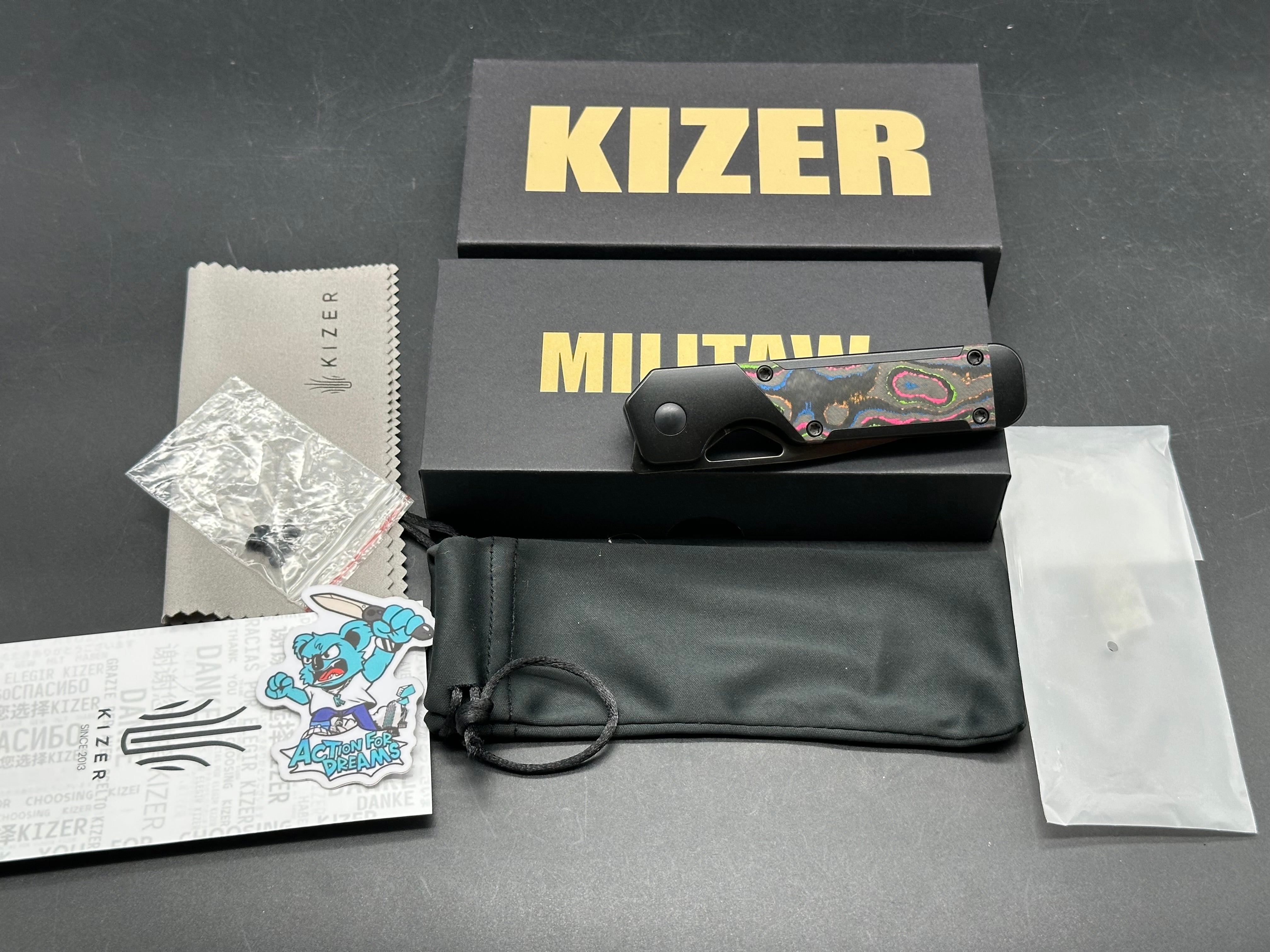 Kizer Mini Militaw Frame Lock Knife Black Titanium Camo Carbon 80's (2.8" Black)