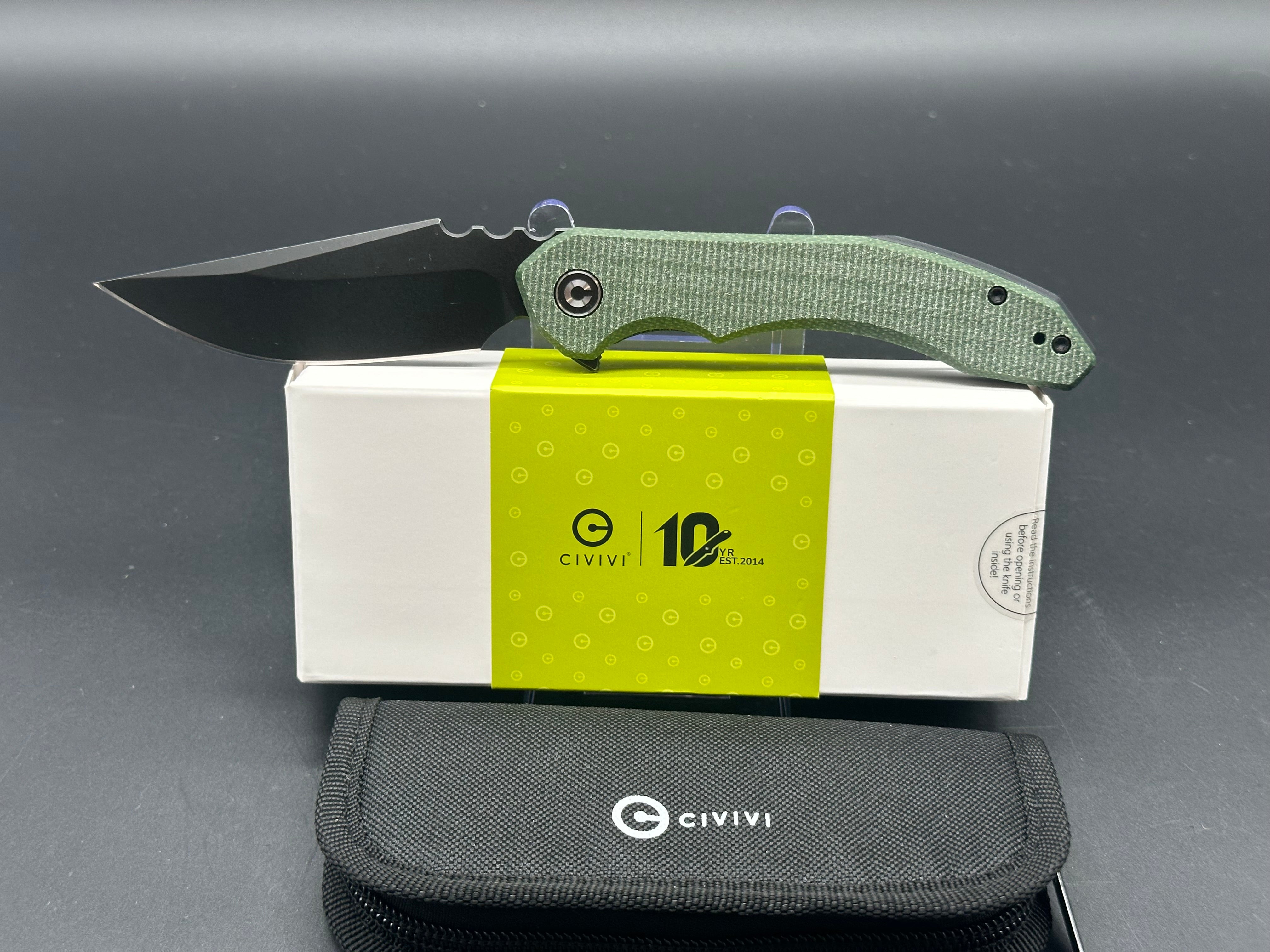 CIVIVI BLUETICK FOLDING KNIFE GREEN CANVAS MICARTA HANDLE 14C28N DROP POINT PLAIN EDGE BLACK STONEWASH FINISH C23050-3