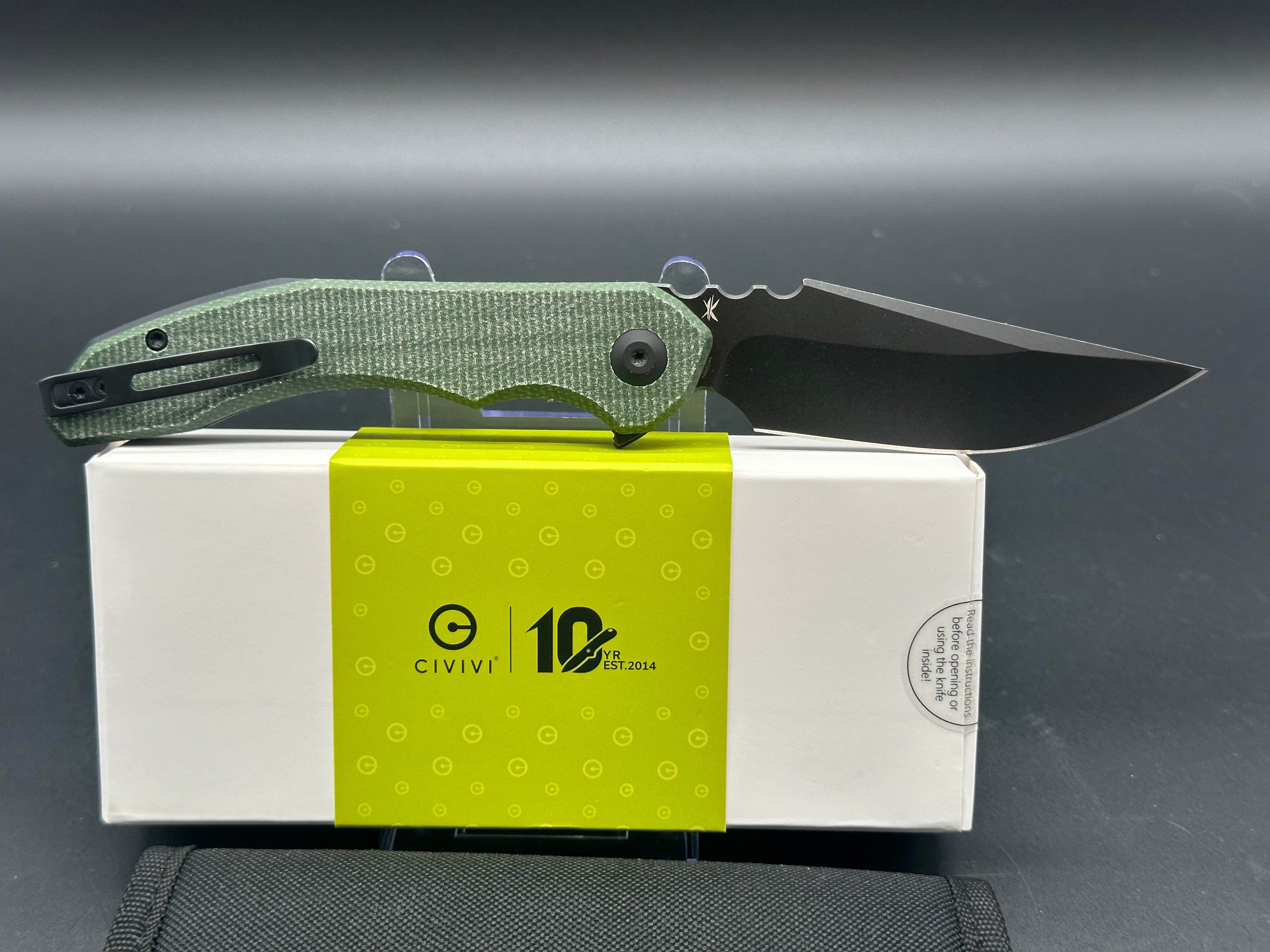 CIVIVI BLUETICK FOLDING KNIFE GREEN CANVAS MICARTA HANDLE 14C28N DROP POINT PLAIN EDGE BLACK STONEWASH FINISH C23050-3