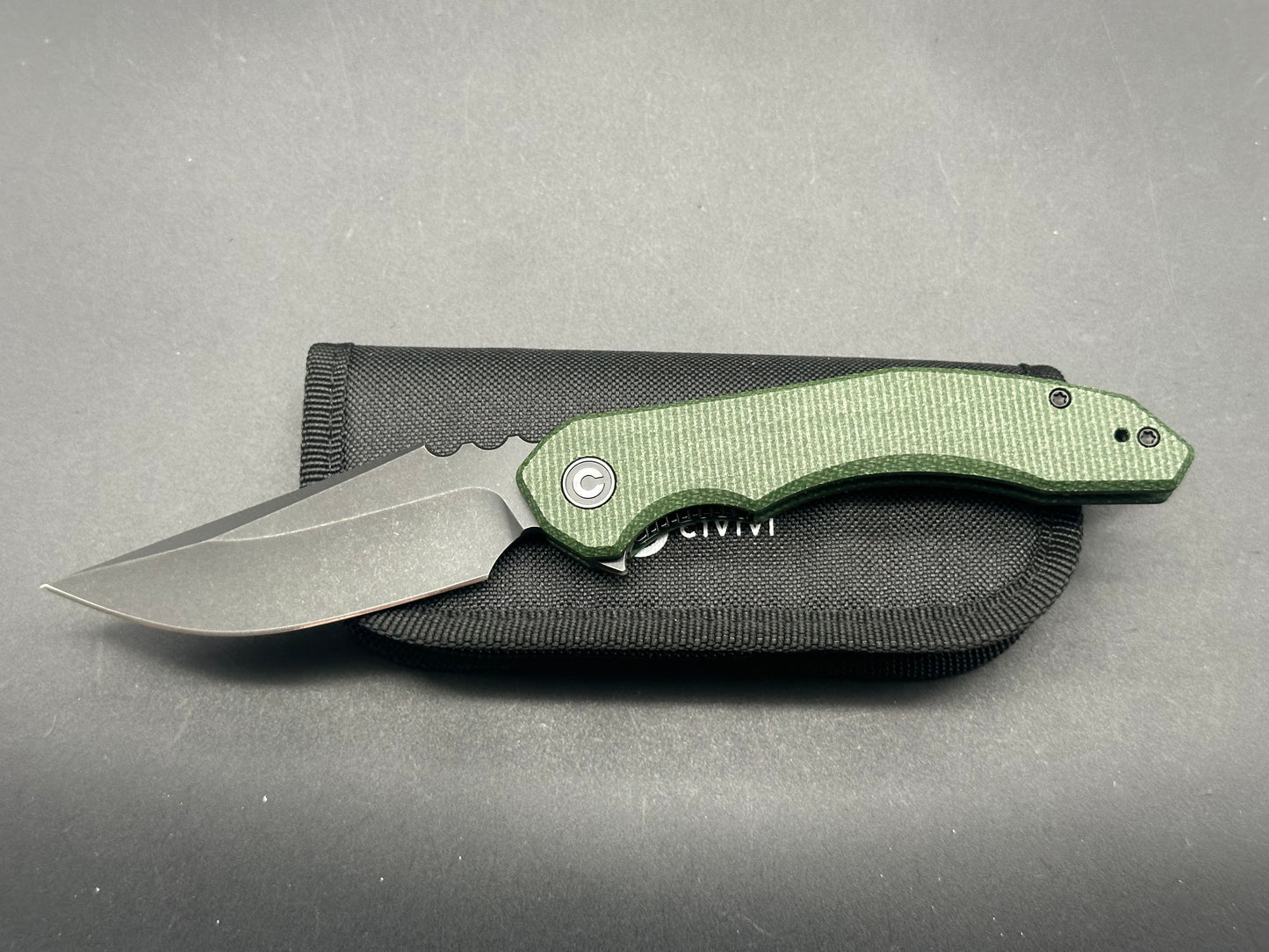 CIVIVI BLUETICK FOLDING KNIFE GREEN CANVAS MICARTA HANDLE 14C28N DROP POINT PLAIN EDGE BLACK STONEWASH FINISH C23050-3