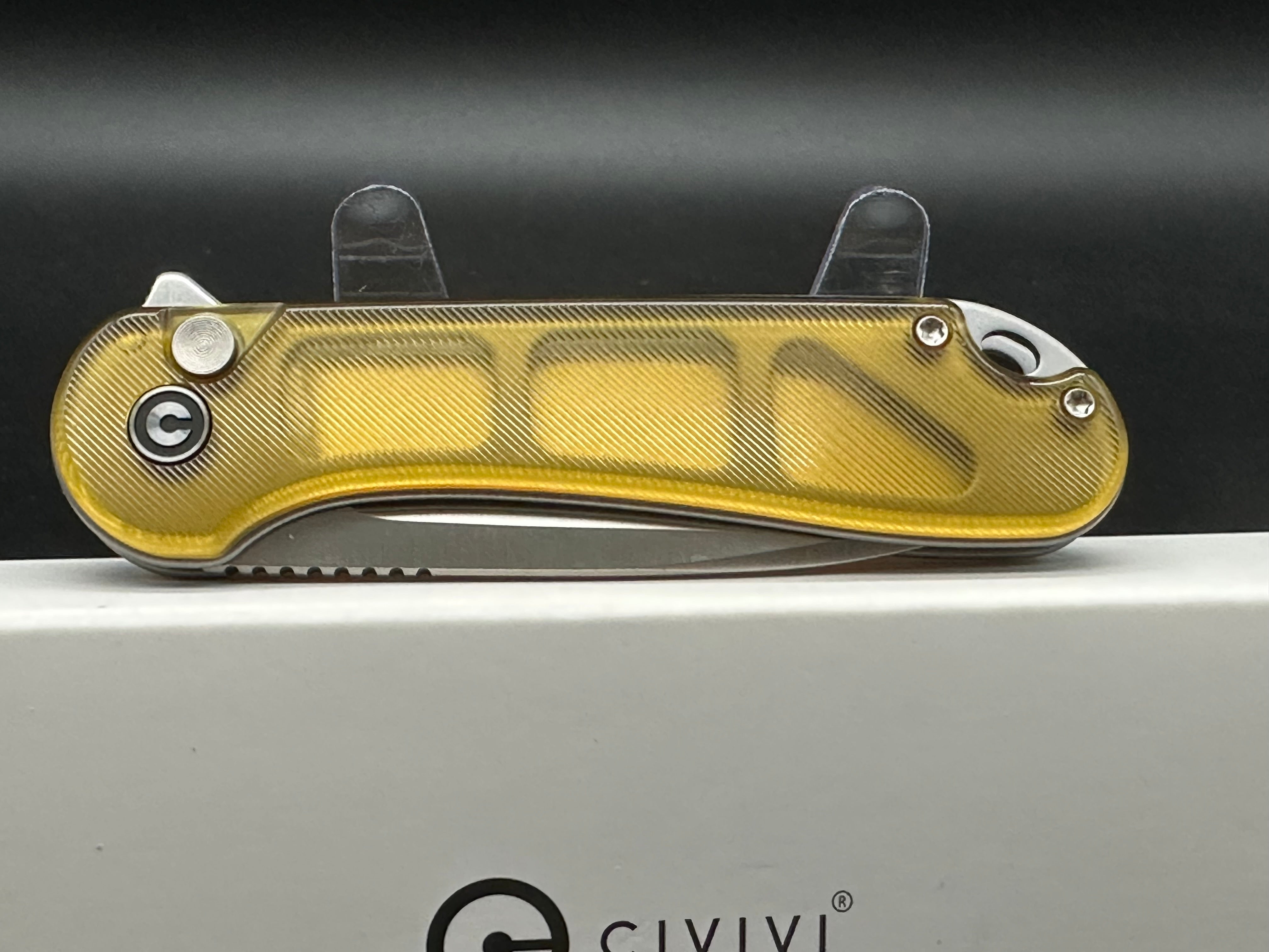 CIVIVI BUTTON LOCK ELEMENTUM II POLISHED ULTEM HANDLE NITRO-V DROP POINT PLAIN EDGE SATIN FINISH