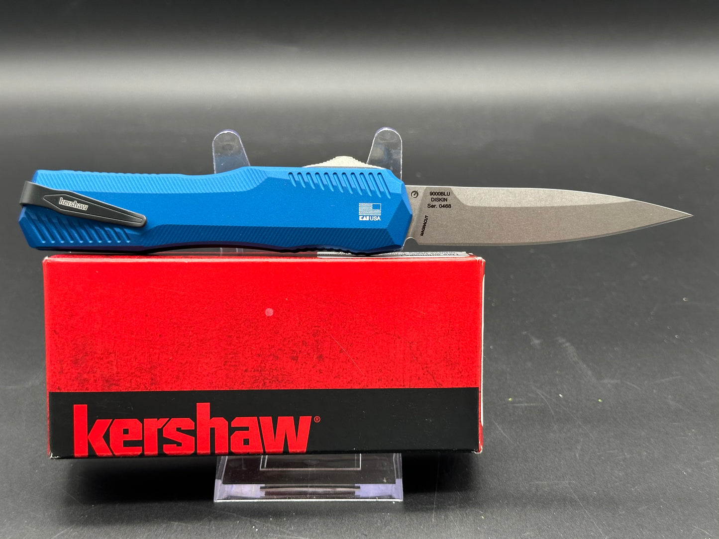 Kershaw Livewire OTF, 3.3" MagnaCut Spear Point Stonewash Blade with Blue Aluminum Handle