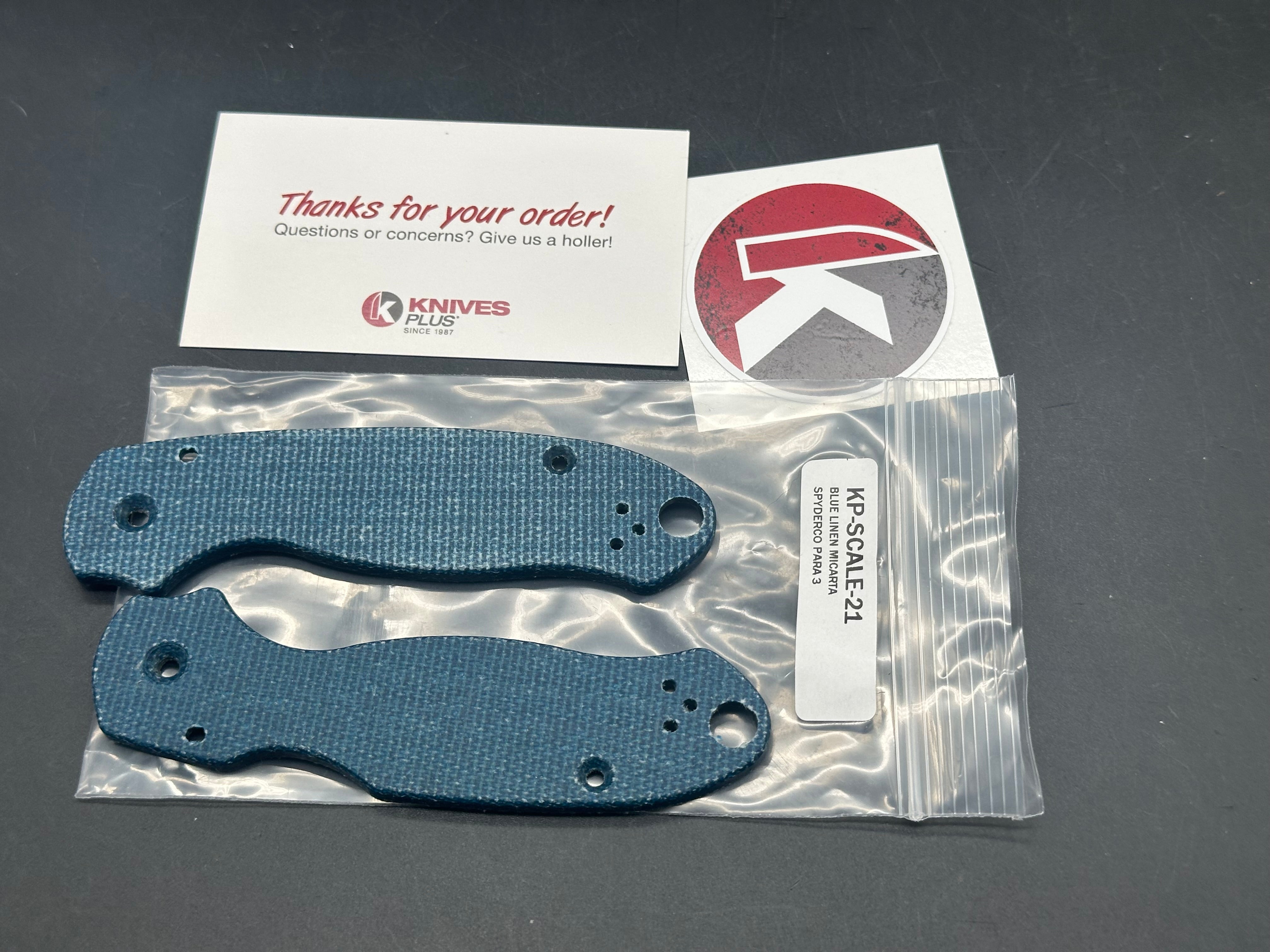 Spyderco Para 3 Replacement Scales from Knives Plus in Blue Linen Micarta (These will only fit the G10 Para 3)