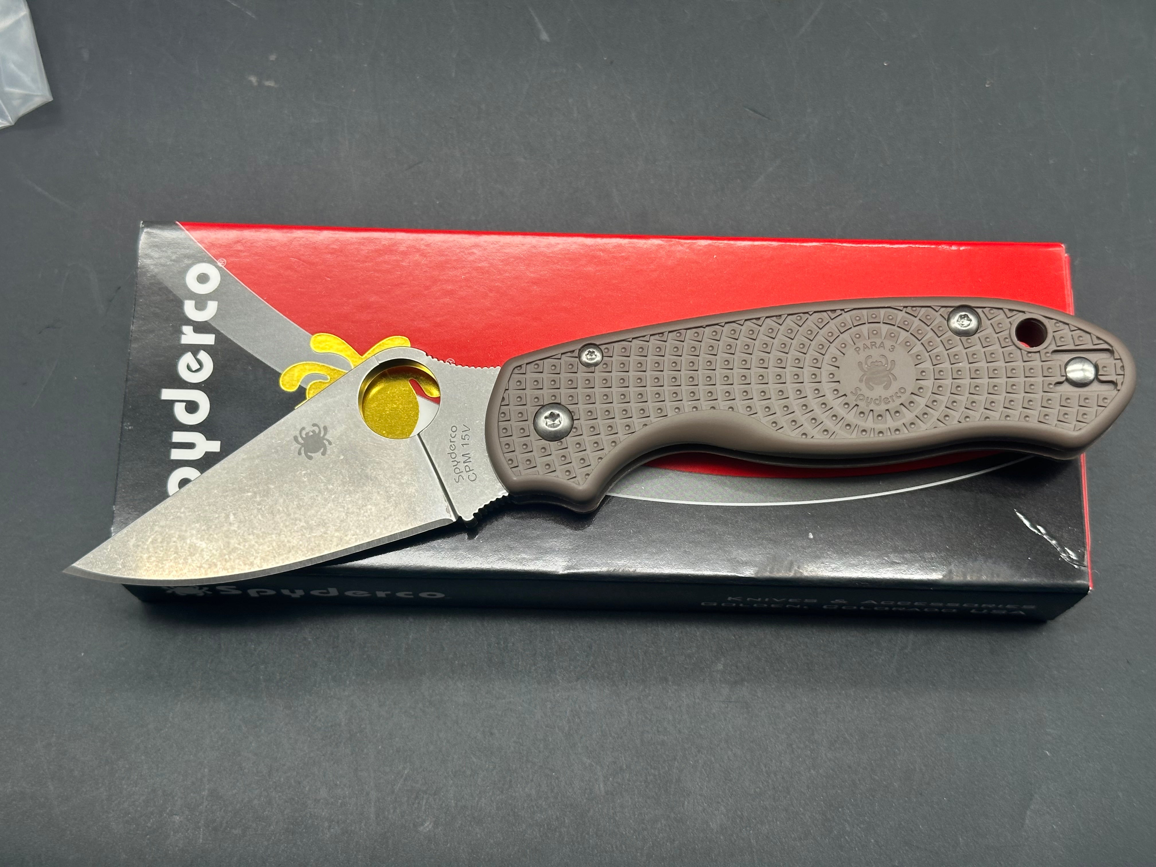 Spyderco Para 3 Sprint Run, 2.93" CPM 15V Stonewash Modified Clip Point Blade with Brown FRN Scales