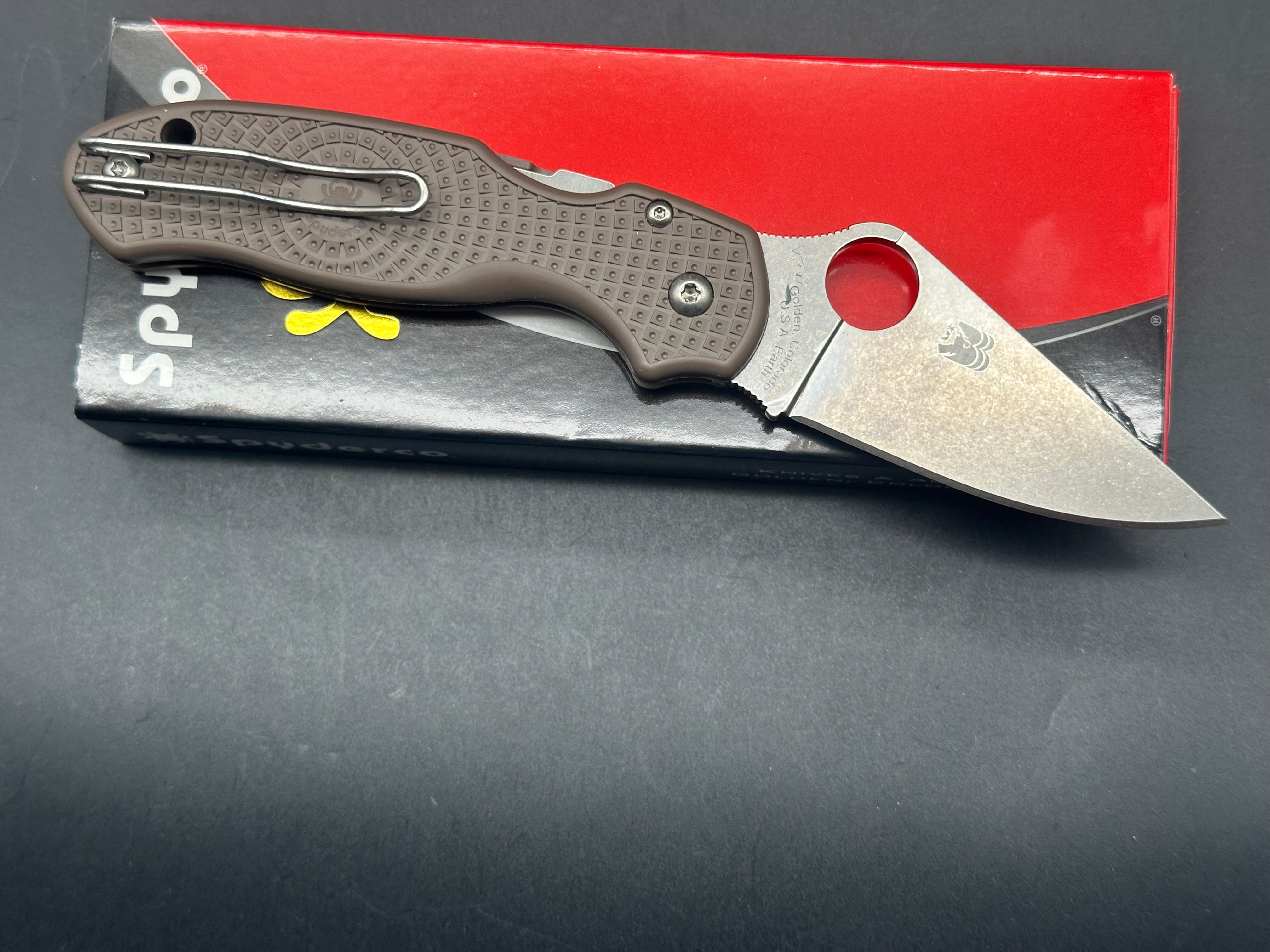 Spyderco Para 3 Sprint Run, 2.93" CPM 15V Stonewash Modified Clip Point Blade with Brown FRN Scales