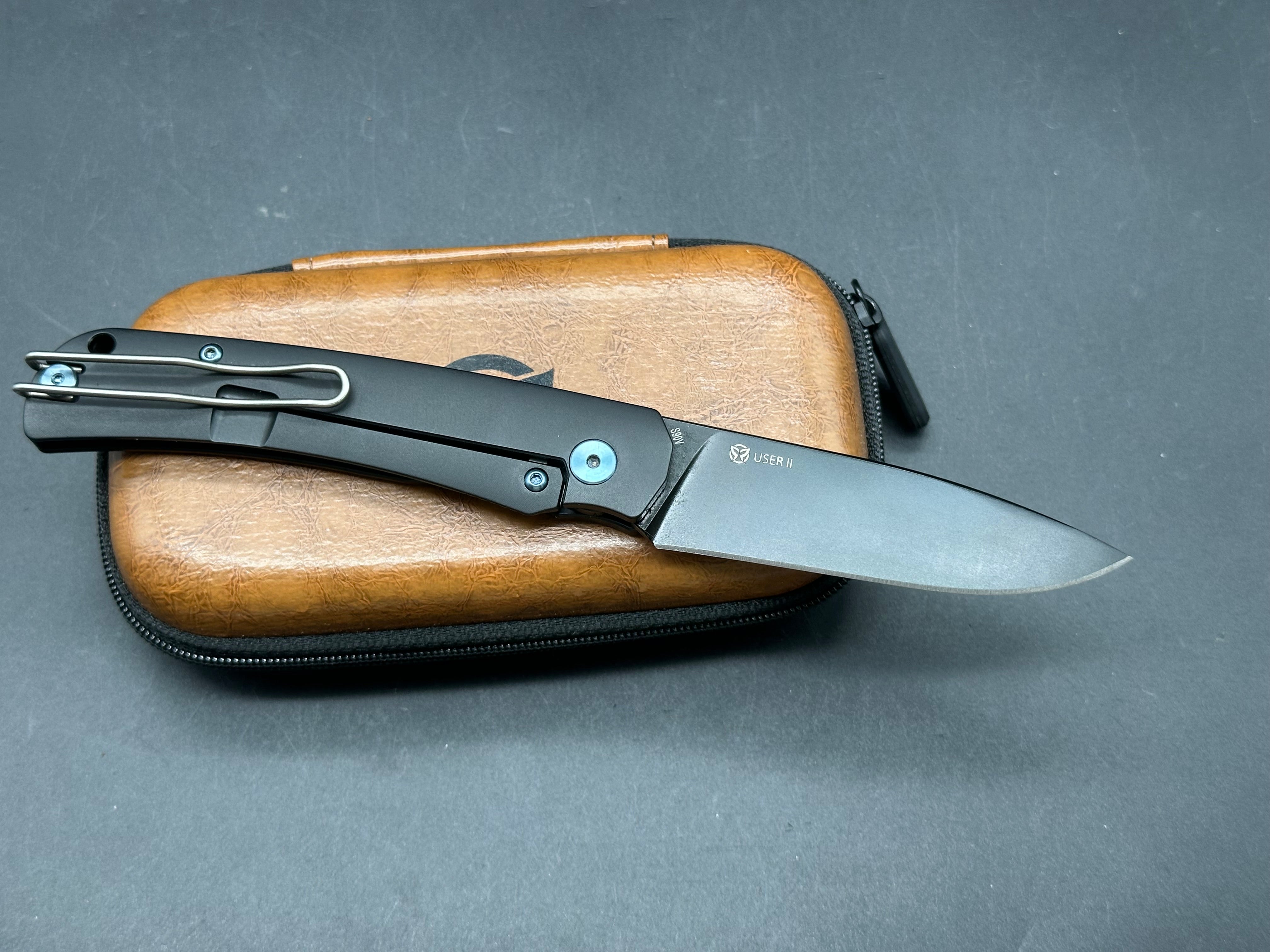 PMP Knives User II Frame Lock Knife Black Titanium /w Blue Screws (3" Black)