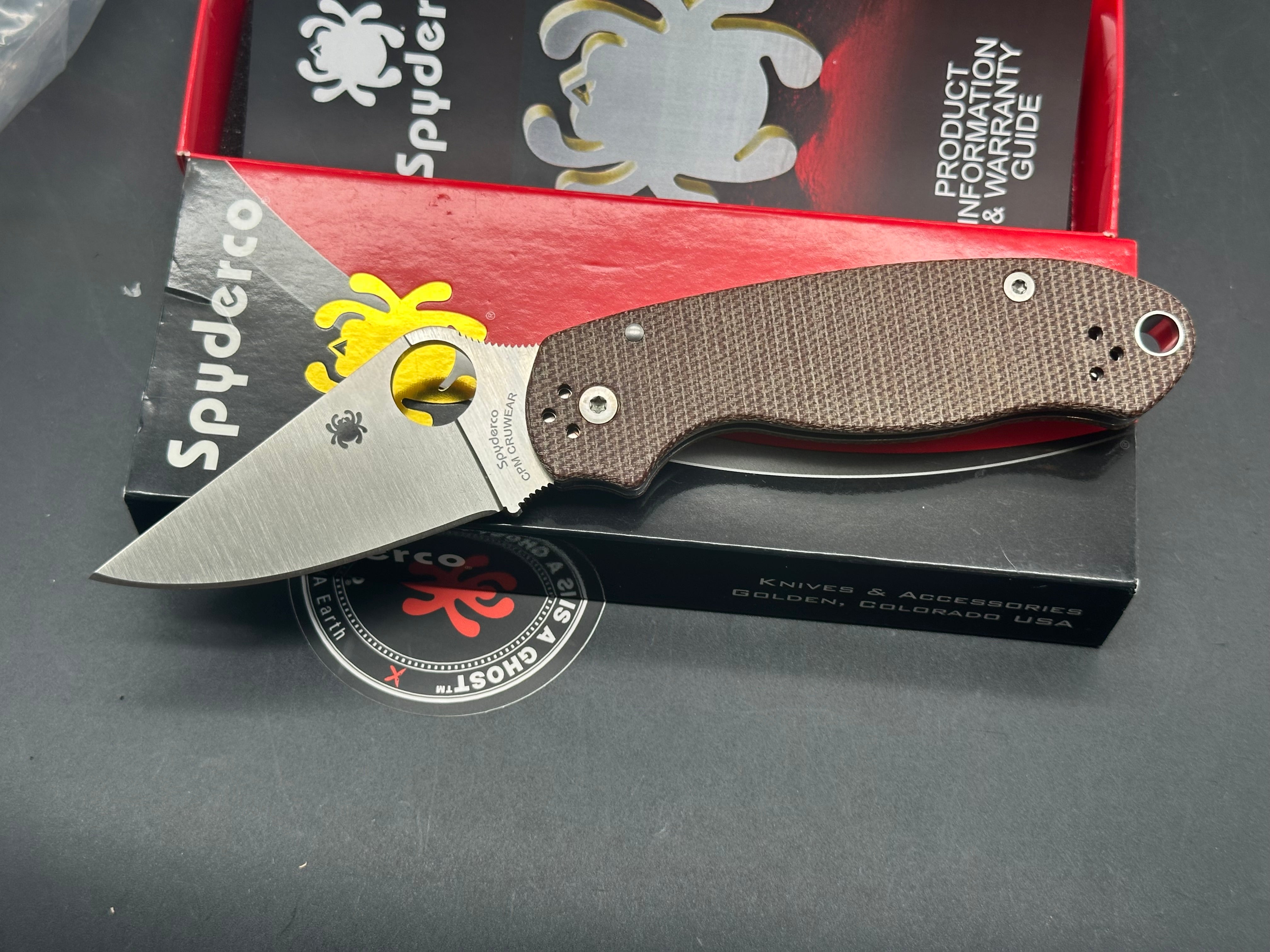 Spyderco Para 3, 2.93" CPM CruWear Satin Modified Clip Point Blade with Brown Canvas Micarta Scales