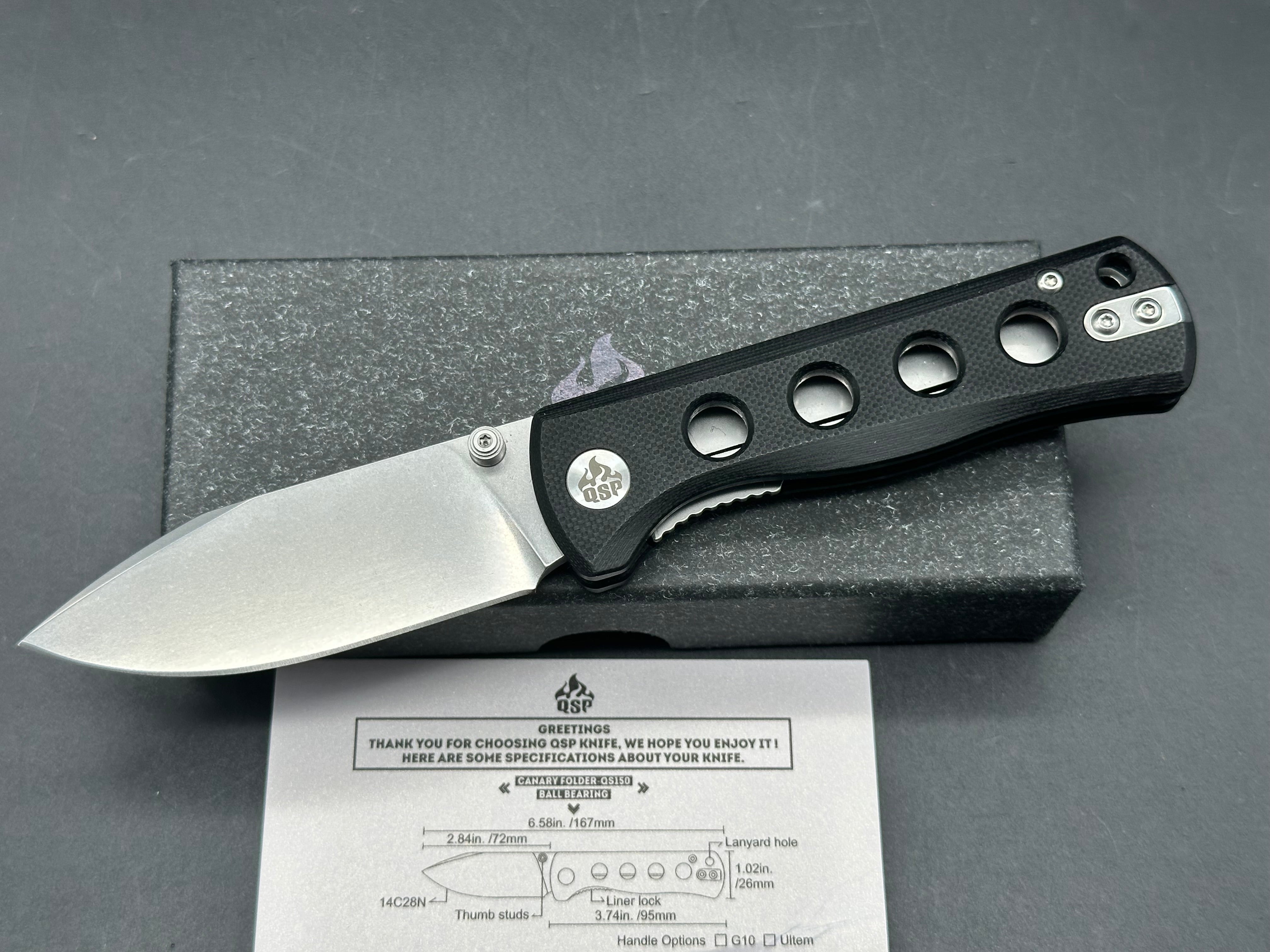 QSP Canary Folder, 2.84" 14C28N Stonewash Blade with Black G10 Handle