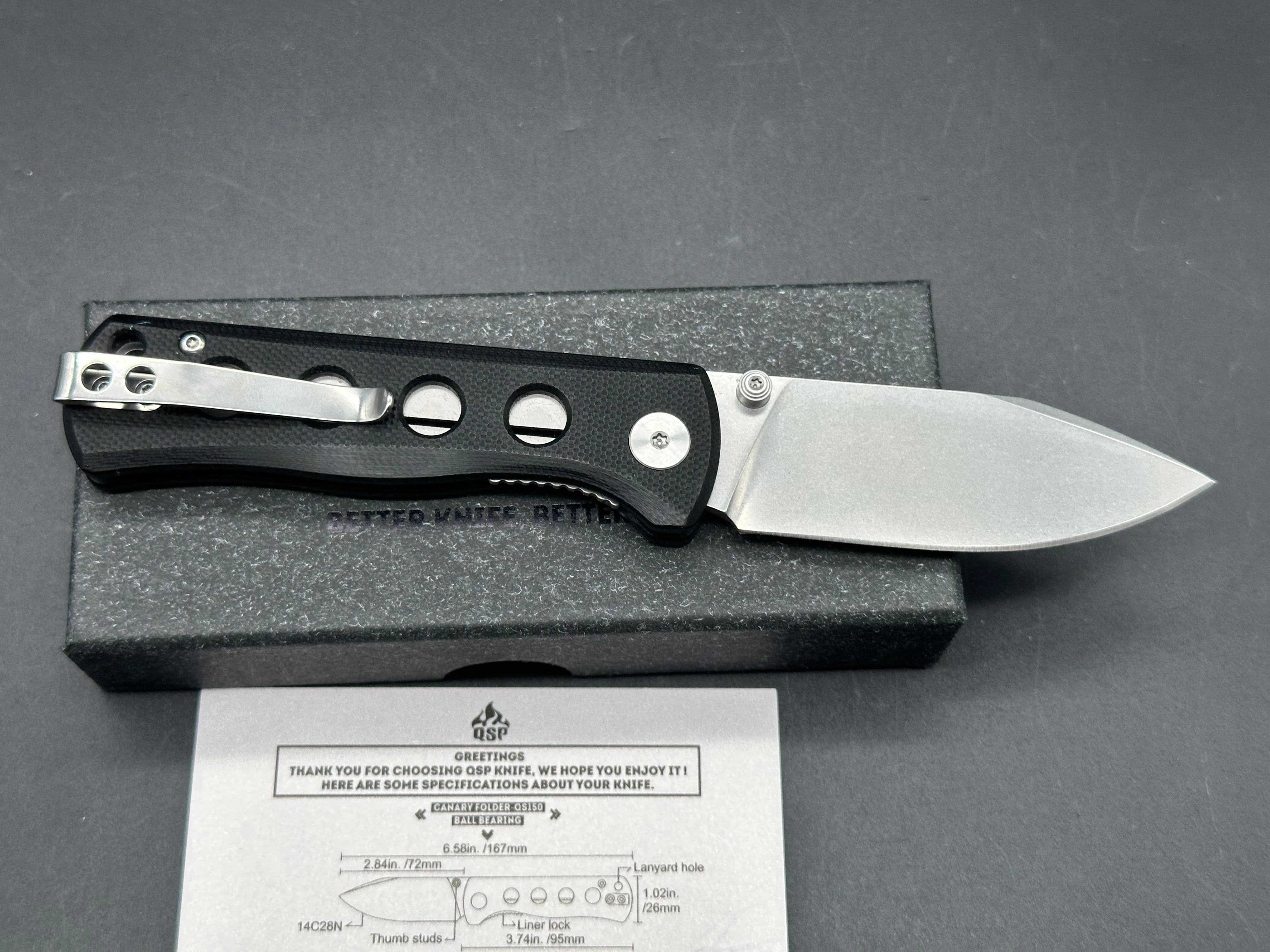 QSP Canary Folder, 2.84" 14C28N Stonewash Blade with Black G10 Handle