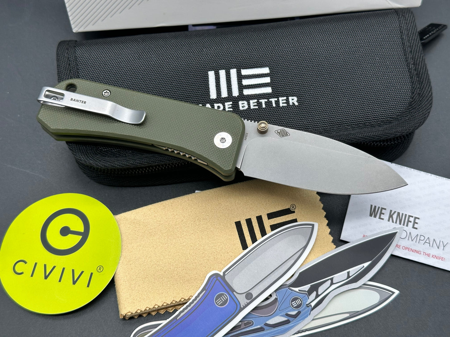 WE Banter S35VN Stonewash Drop Point Blade with Green G10 Handle